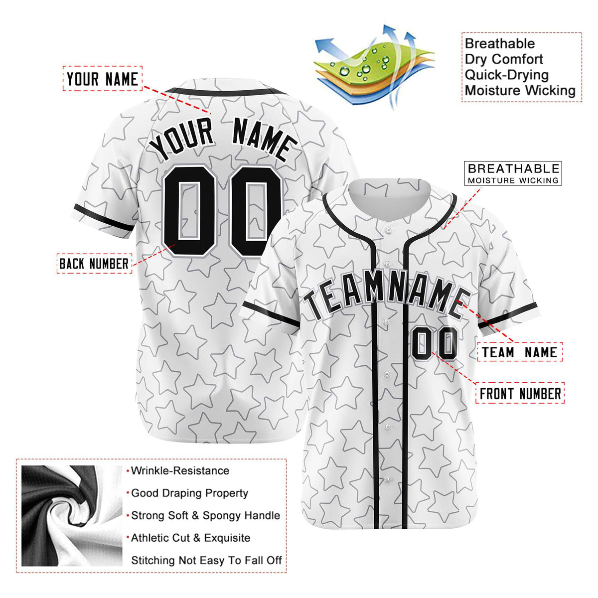 Custom Star White Black Baseball Jersey Button Down Shirt Personalized for Adults/Youth