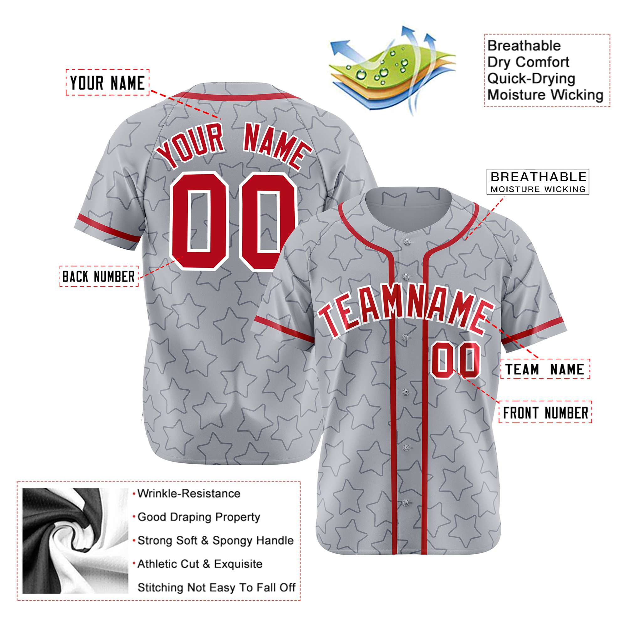 Custom Star Gray Red Baseball Jersey Button Down Shirt Personalized for Adults/Youth