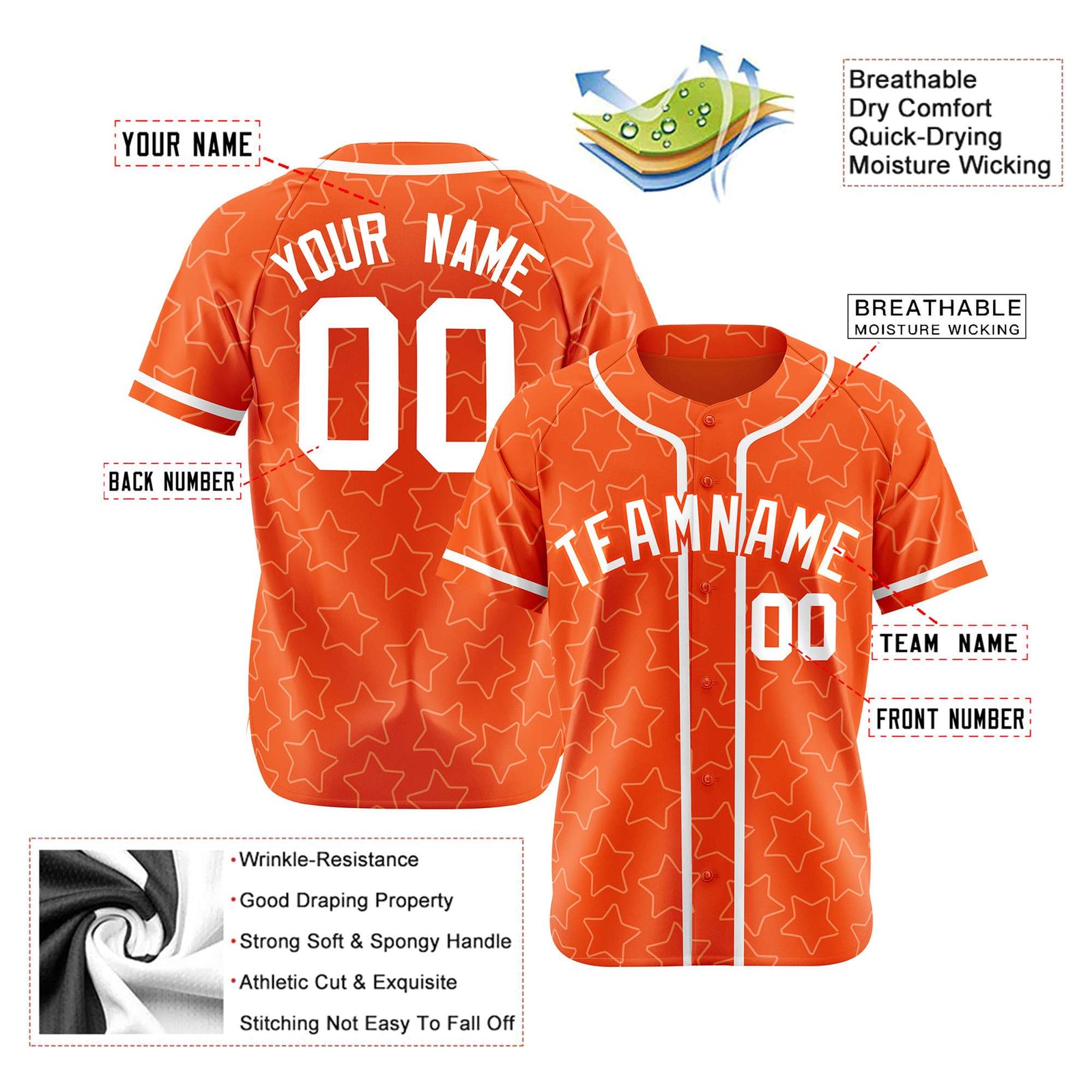 Custom Star Orange White Baseball Jersey Button Down Shirt Personalized for Adults/Youth