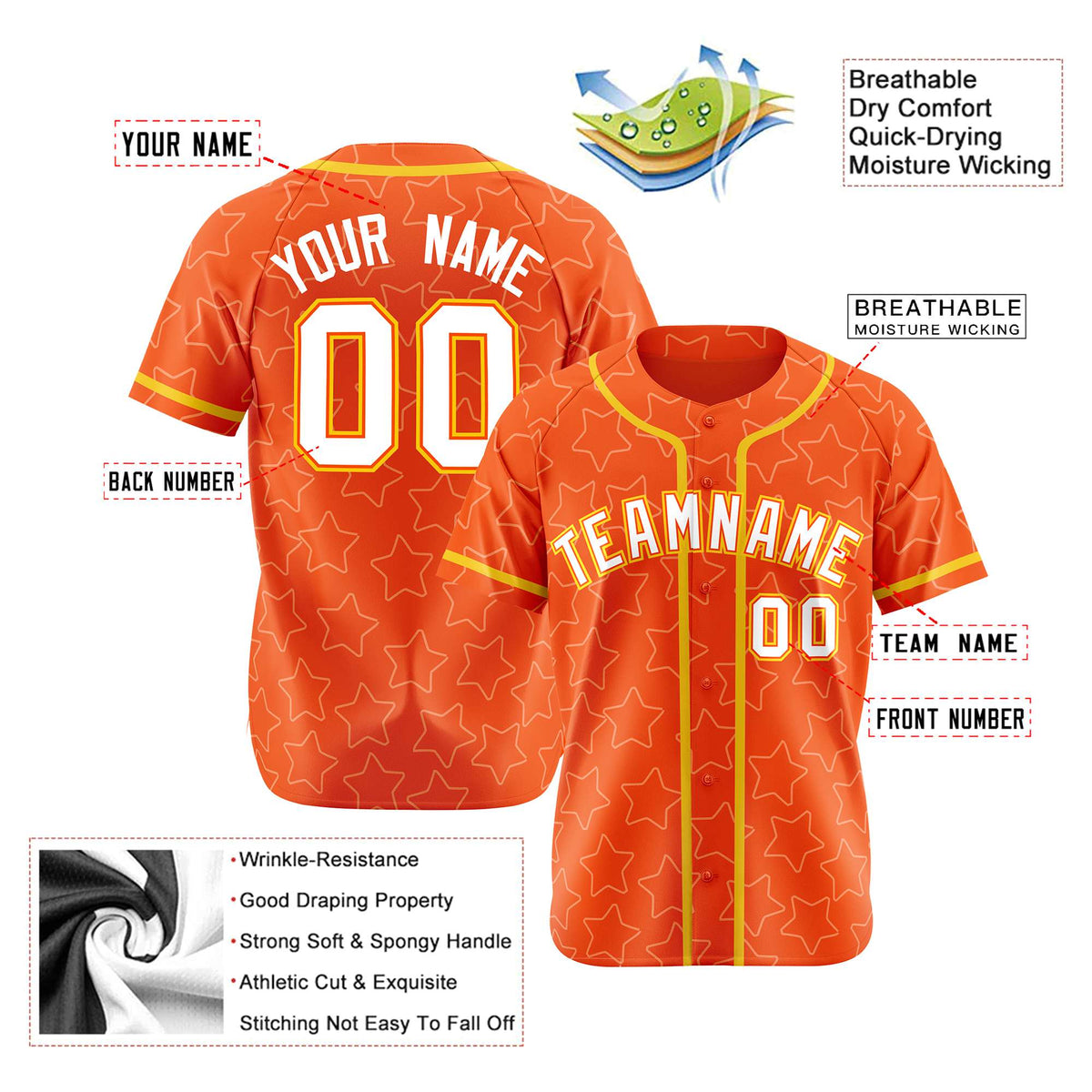 Custom Star Orange White-Gold Baseball Jersey Button Down Shirt Personalized for Adults/Youth