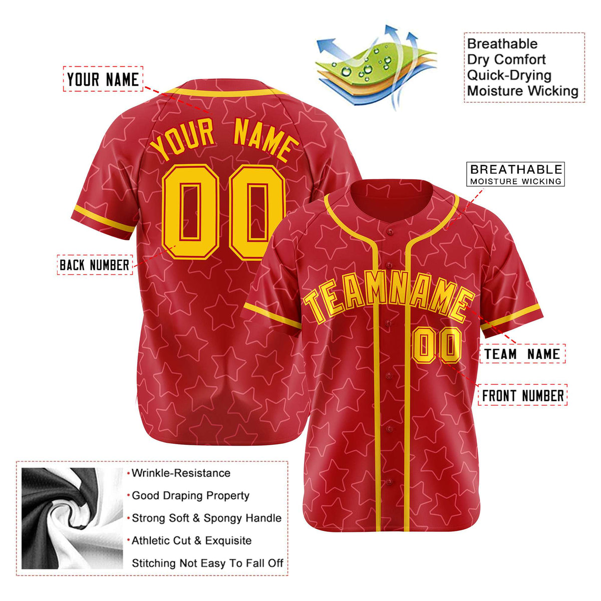 Custom Star Red Gold Baseball Jersey Button Down Shirt Personalized for Adults/Youth