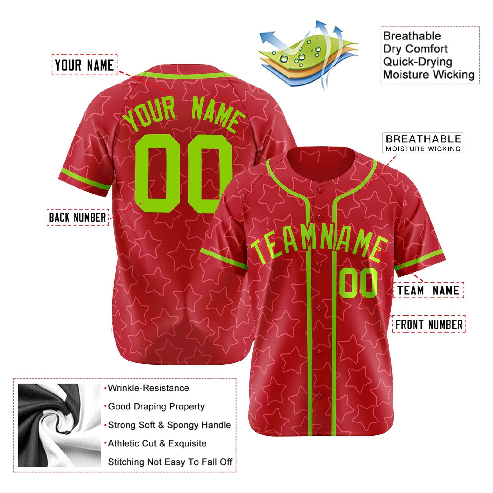 Custom Star Red Lime-Green Baseball Jersey Button Down Shirt Personalized for Adults/Youth