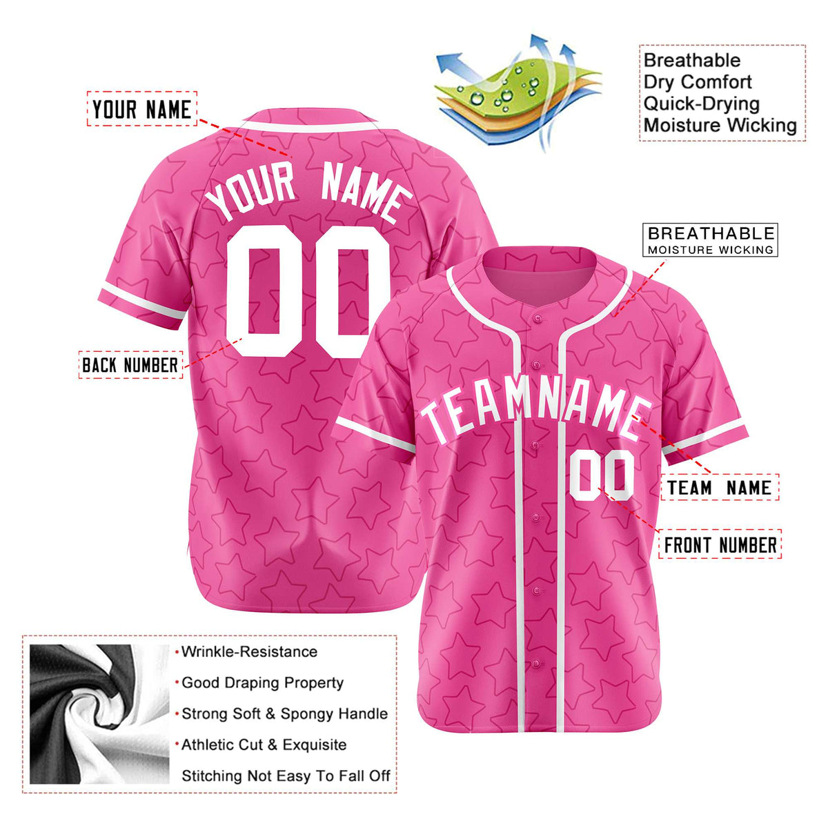 Custom Star Pink White Baseball Jersey Button Down Shirt Personalized for Adults/Youth