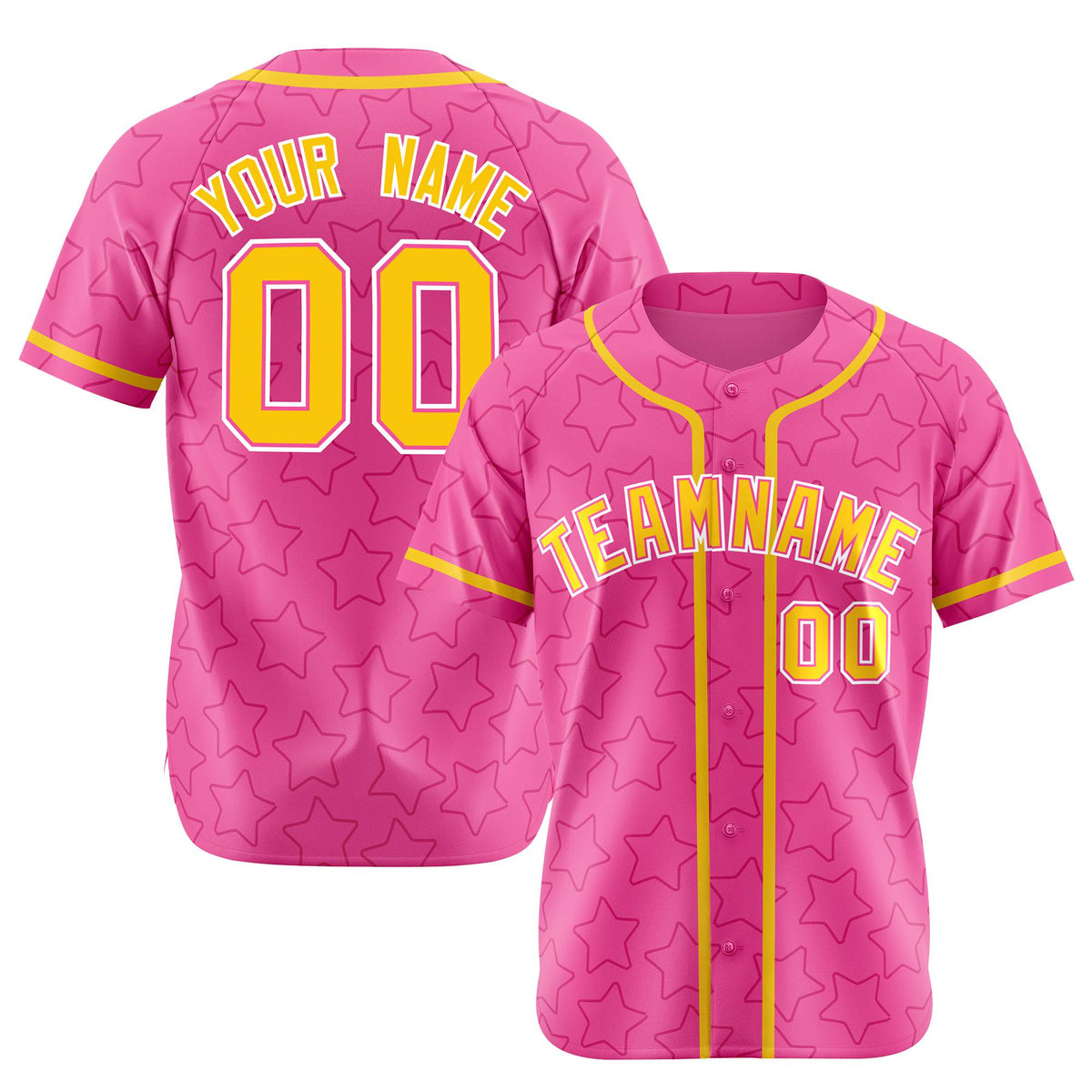 Custom Star Pink Yellow Baseball Jersey Button Down Shirt Personalized for Adults/Youth