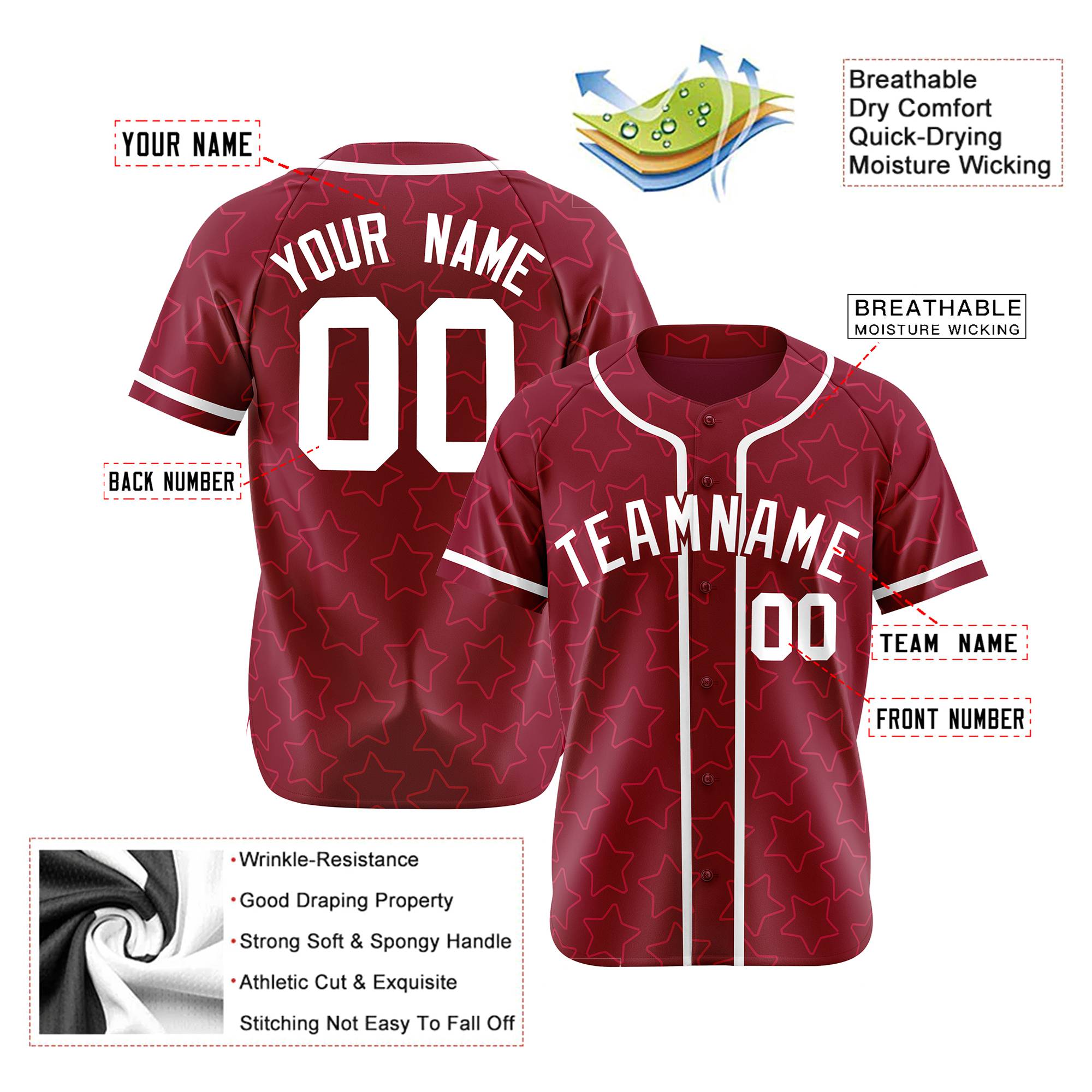 Custom Star Maroon Black Baseball Jersey Button Down Shirt Personalized for Adults/Youth