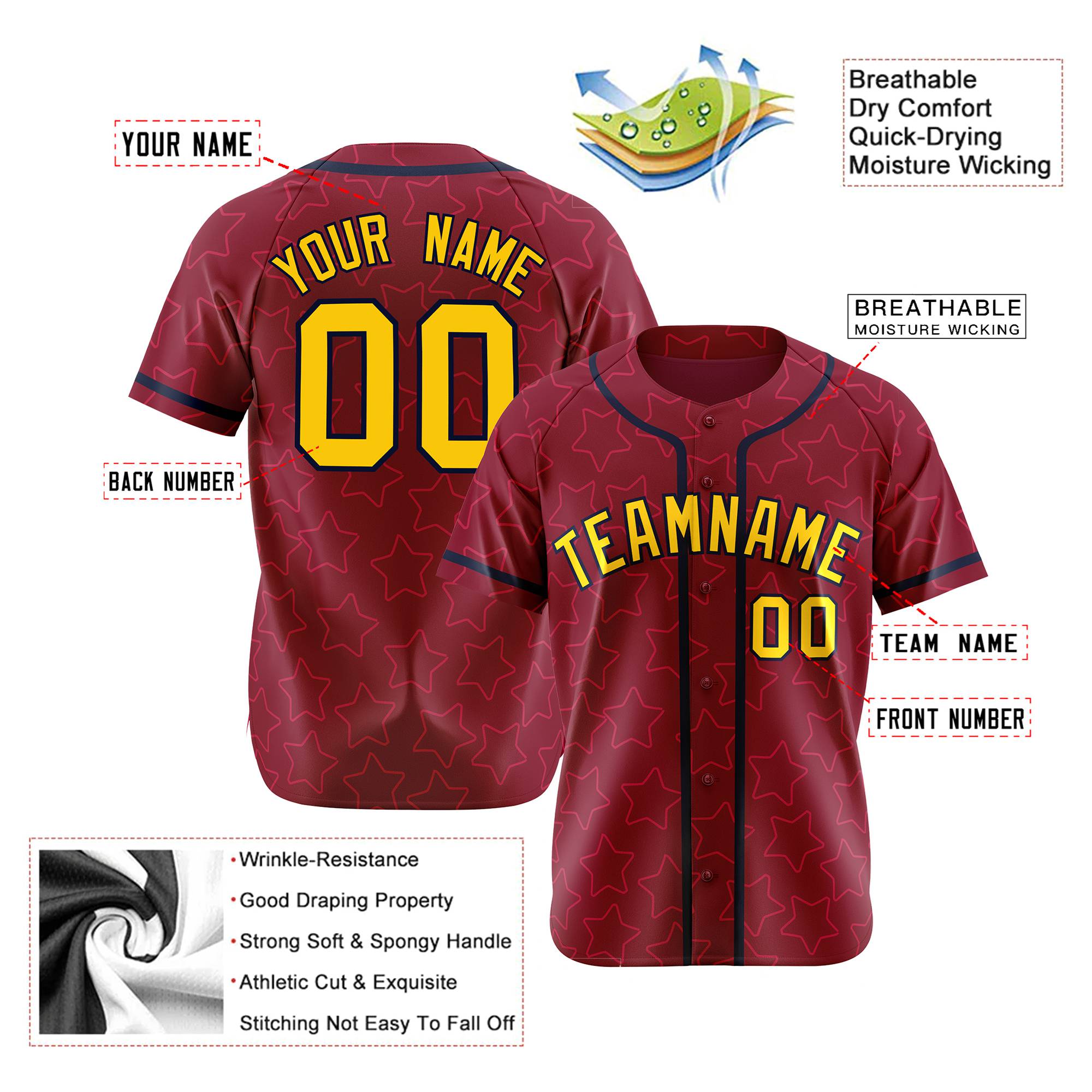 Custom Star Maroon Gold Baseball Jersey Button Down Shirt Personalized for Adults/Youth