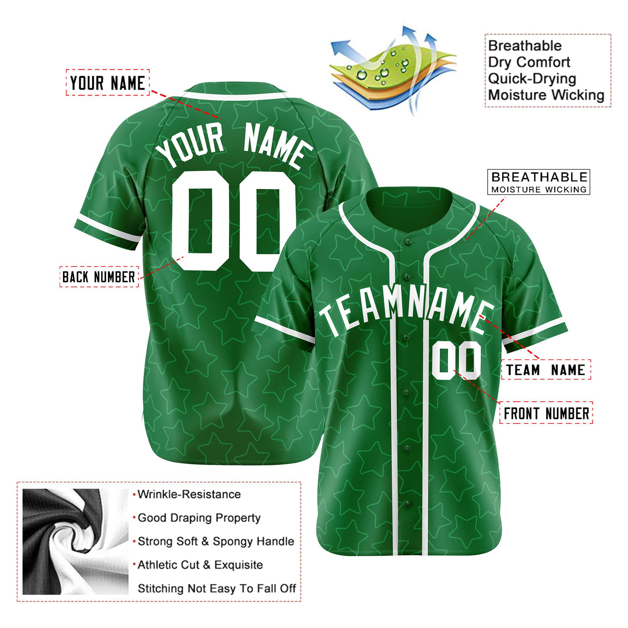 Custom Star Green White Baseball Jersey Button Down Shirt Personalized for Adults/Youth