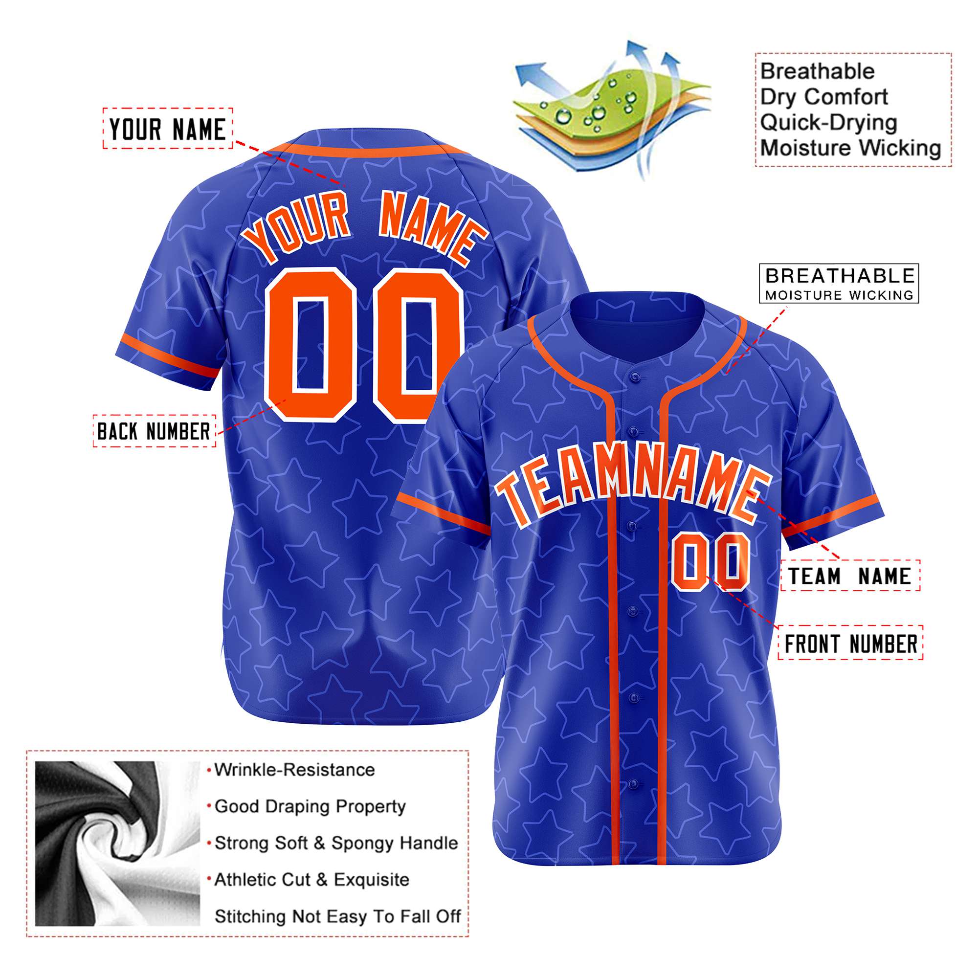 Custom Star Blue Orange Baseball Jersey Button Down Shirt Personalized for Adults/Youth