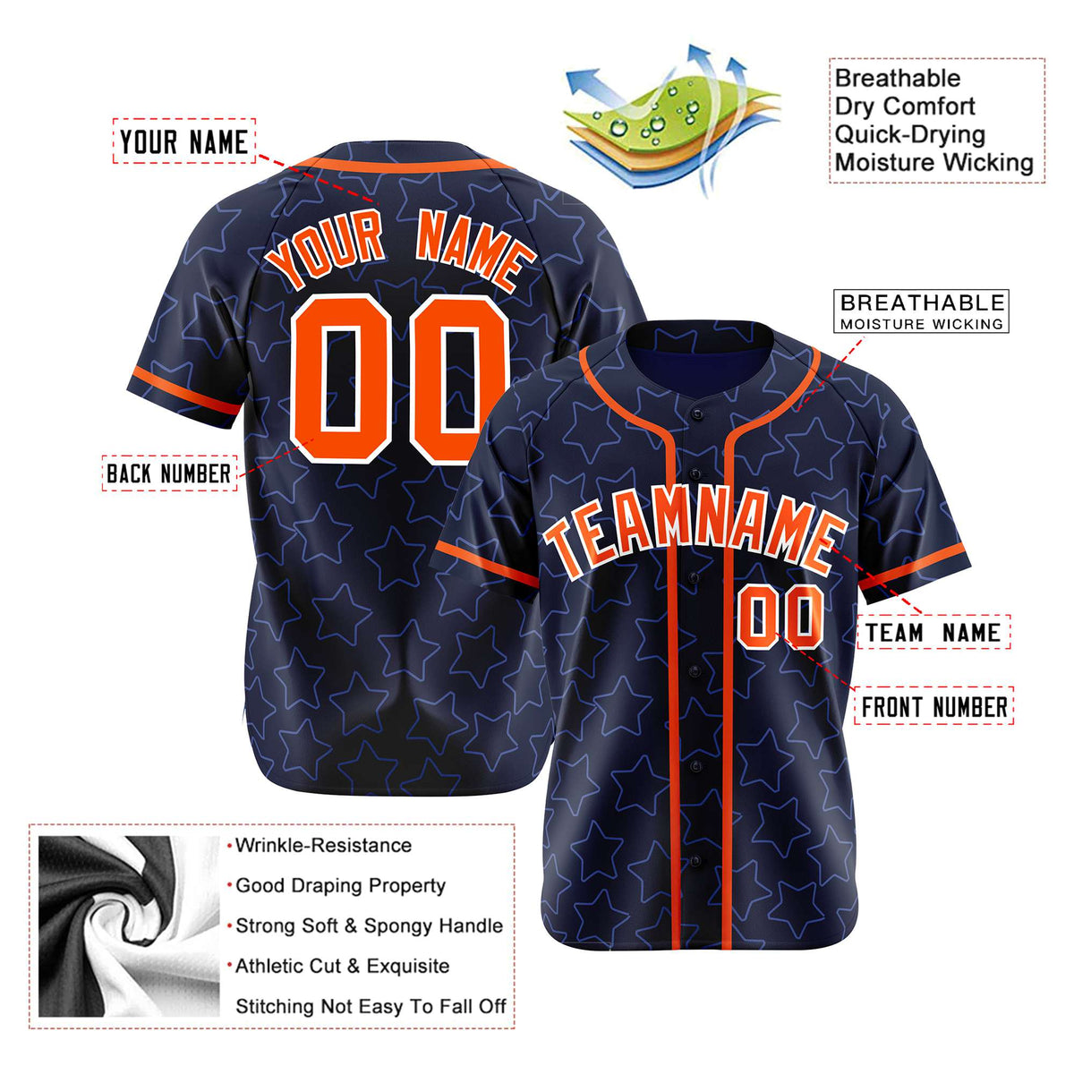 Custom Star Navy Blue Orange Baseball Jersey Button Down Shirt Personalized for Adults/Youth