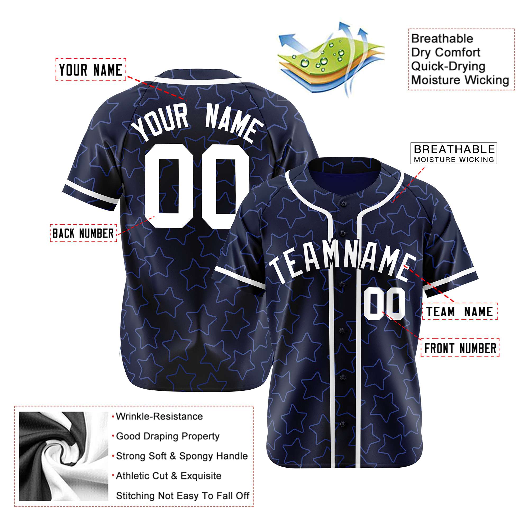 Custom Star Navy Blue-White Baseball Jersey Button Down Shirt Personalized for Adults/Youth