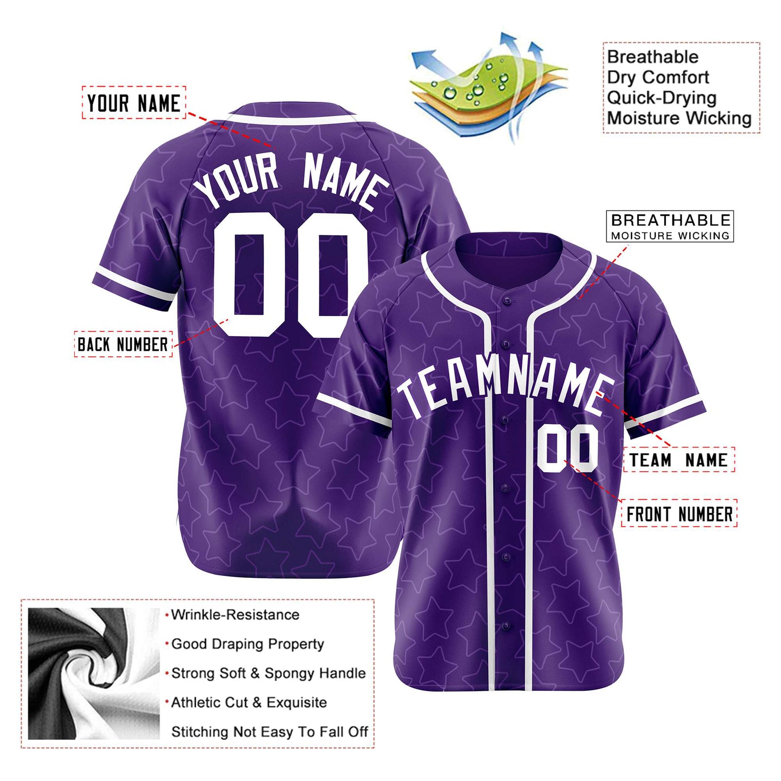 Custom Star Purple White Baseball Jersey Button Down Shirt Personalized for Adults/Youth