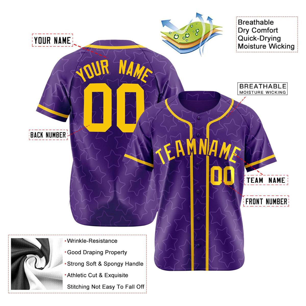 Custom Star Purple Gold Baseball Jersey Button Down Shirt Personalized for Adults/Youth