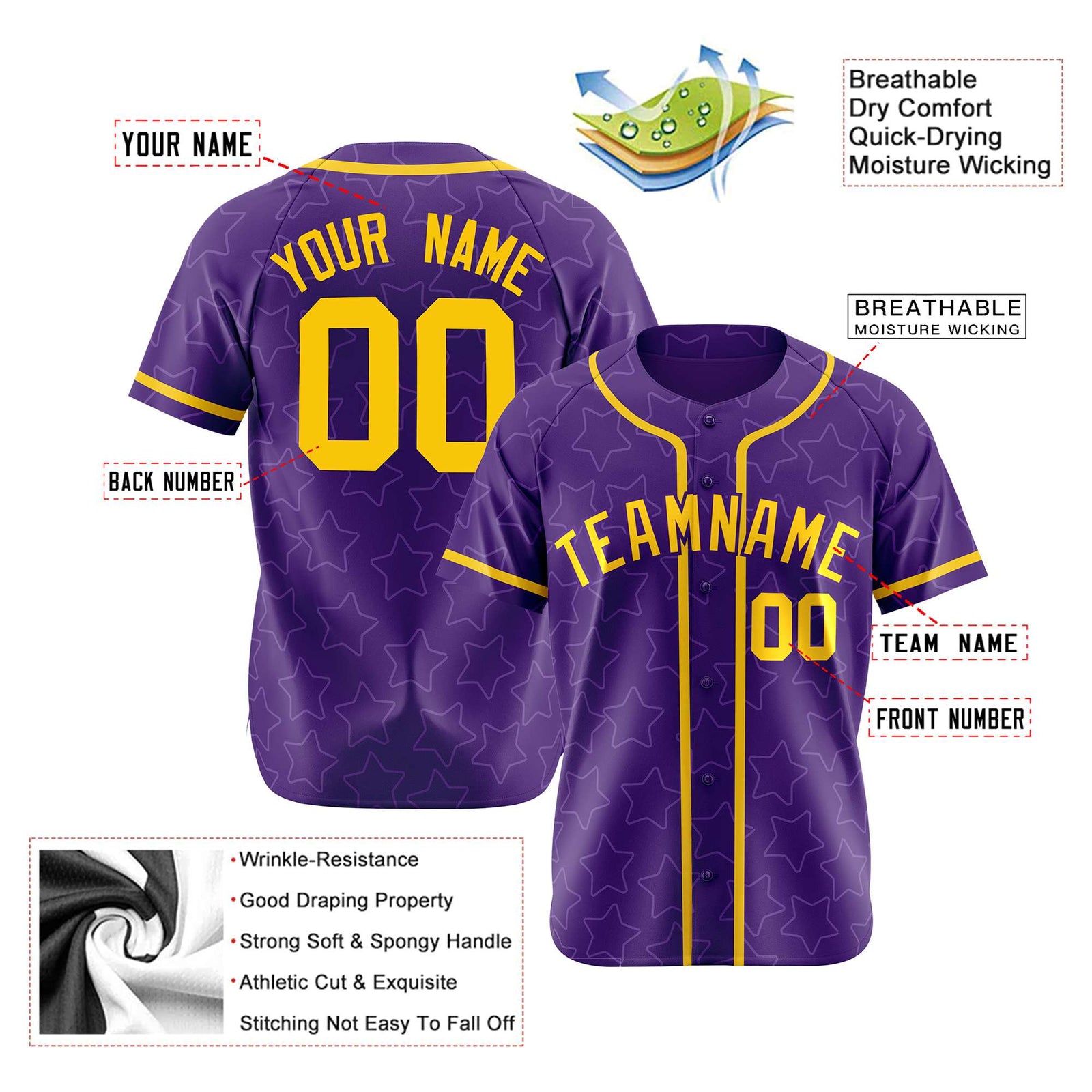 Custom Star Purple Gold Baseball Jersey Button Down Shirt Personalized for Adults/Youth