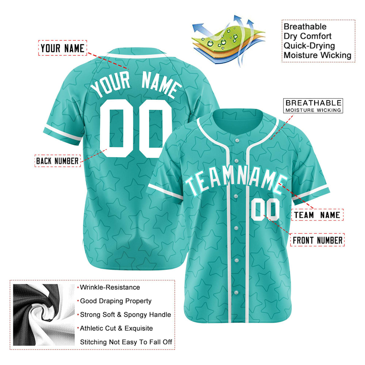 Custom Star Turquoise White Baseball Jersey Button Down Shirt Personalized for Adults/Youth