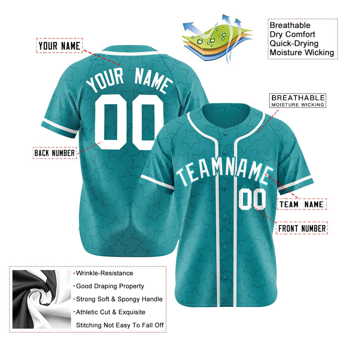 Custom Star Turquoise White Baseball Jersey Button Down Shirt Personalized for Adults/Youth
