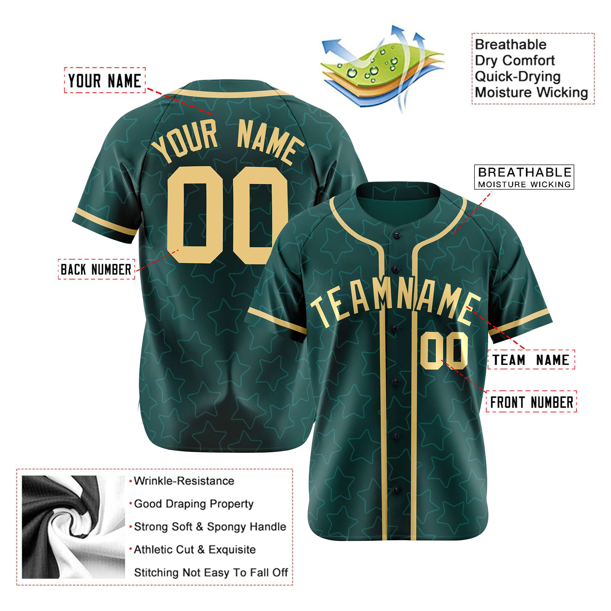 Custom Star Teal Gold Baseball Jersey Button Down Shirt Personalized for Adults/Youth