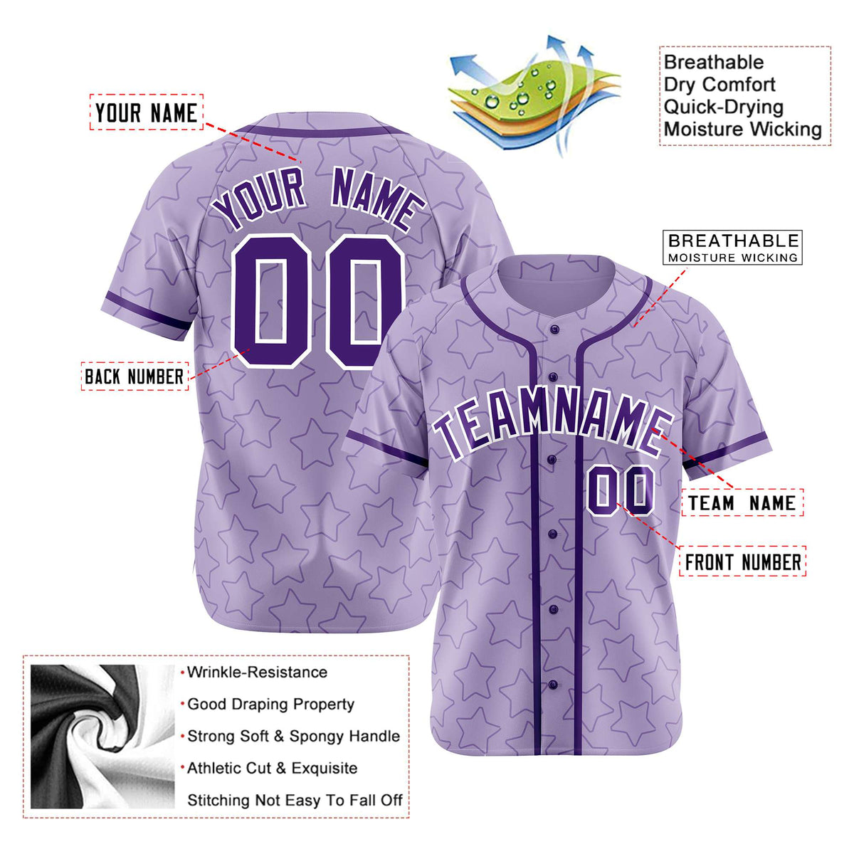 Custom Star Lavender Purple Baseball Jersey Button Down Shirt Personalized for Adults/Youth