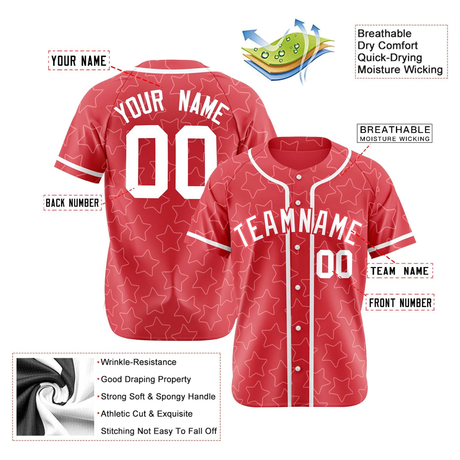 Custom Star Red White Baseball Jersey Button Down Shirt Personalized for Adults/Youth