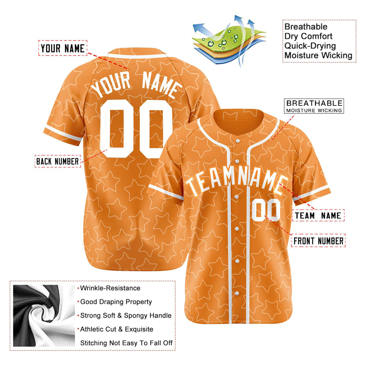 Custom Star Orange White Baseball Jersey Button Down Shirt Personalized for Adults/Youth