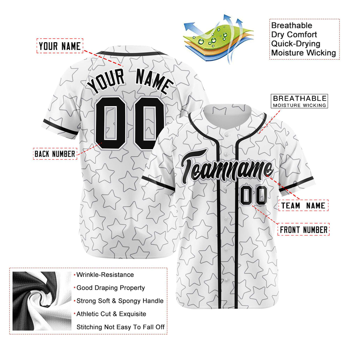 Custom Star White Black Baseball Jersey Button Down Shirt Personalized for Adults/Youth