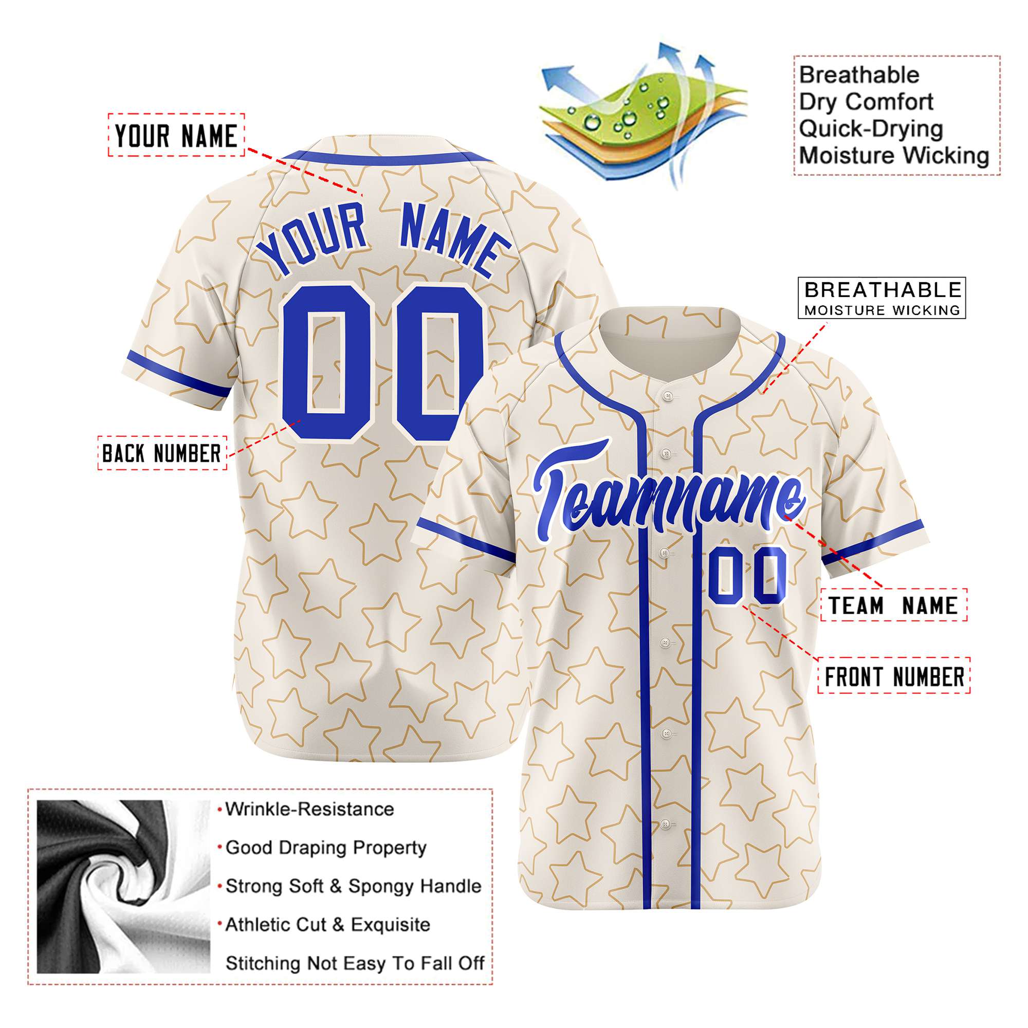 Custom Star Cream Blue Baseball Jersey Button Down Shirt Personalized for Adults/Youth