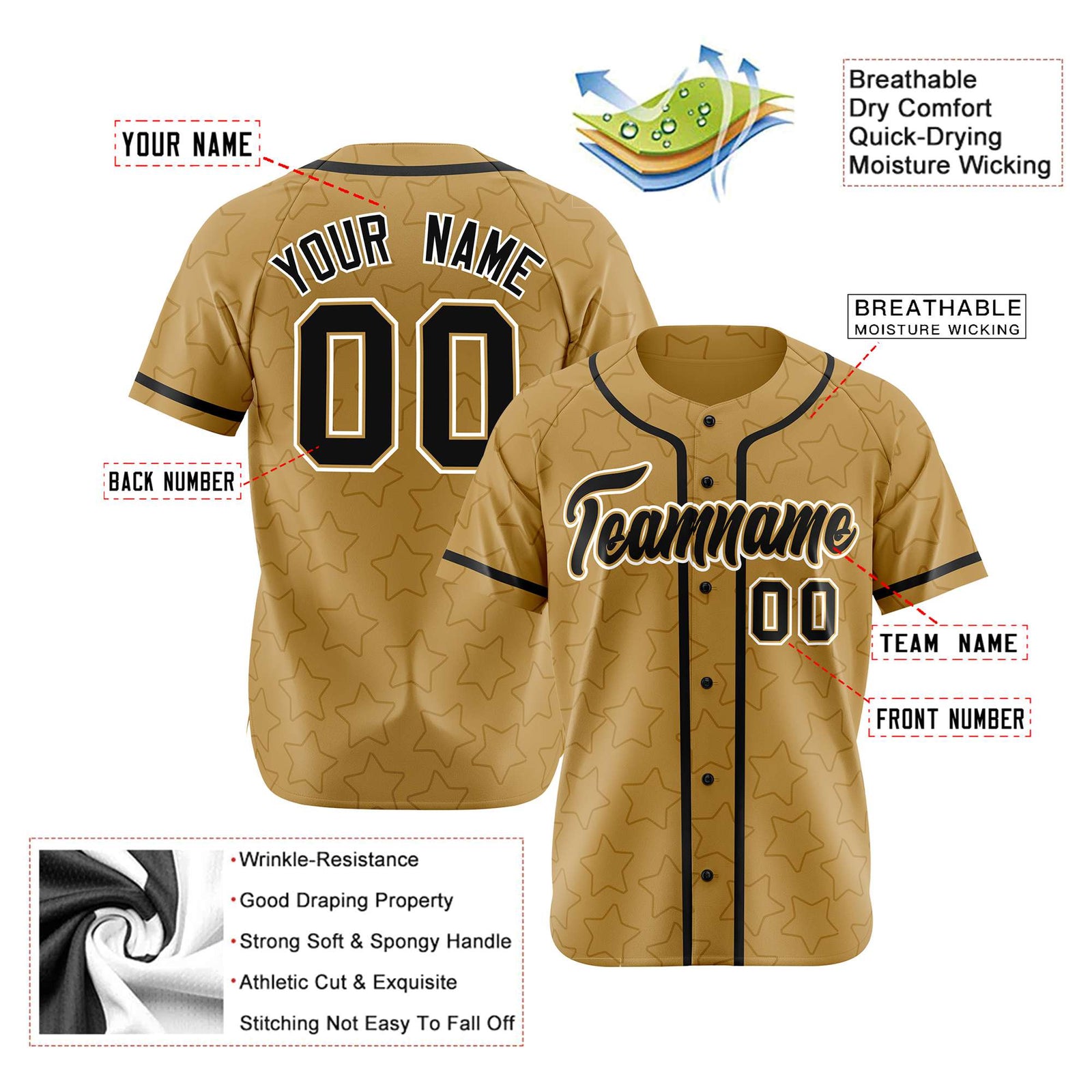 Custom Star Gold Black Baseball Jersey Button Down Shirt Personalized for Adults/Youth