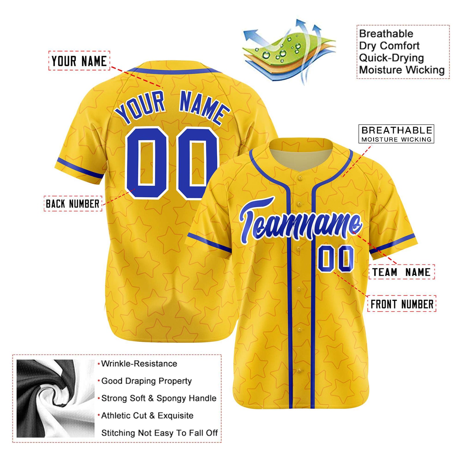 Custom Star Gold Blue Baseball Jersey Button Down Shirt Personalized for Adults/Youth