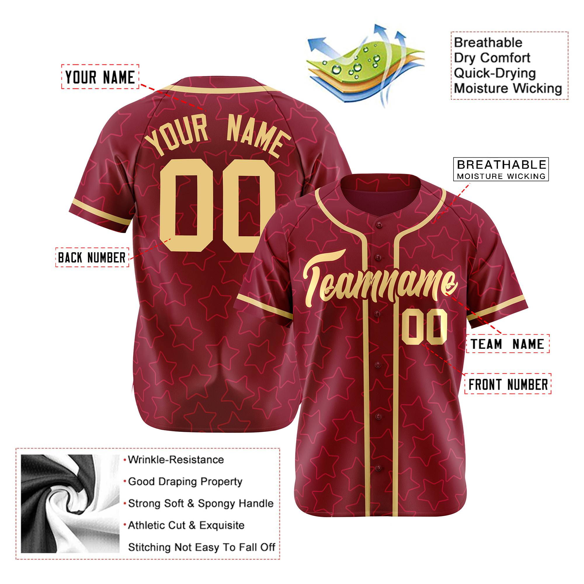 Custom Star Maroon Gold Baseball Jersey Button Down Shirt Personalized for Adults/Youth