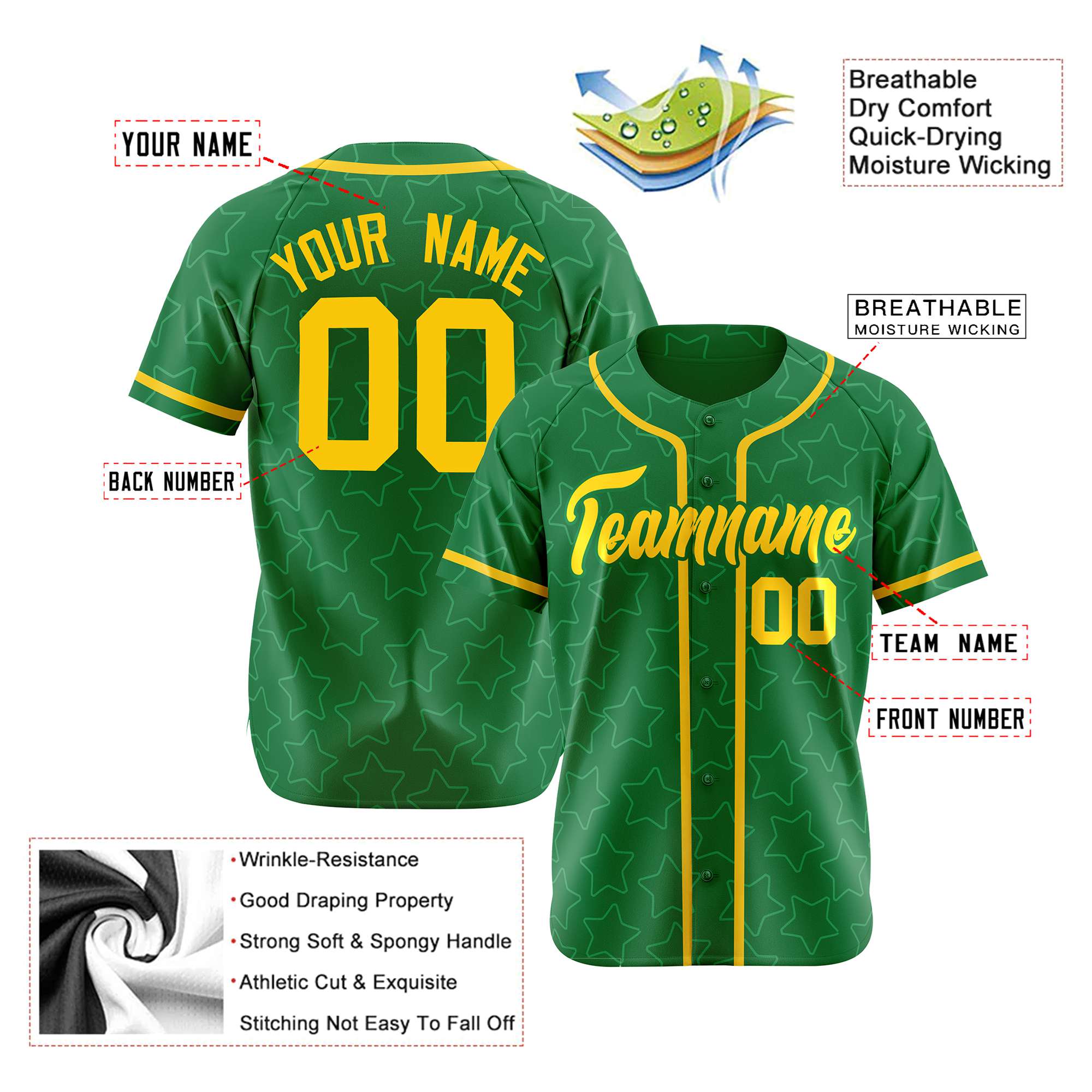 Custom Star Green Gold Baseball Jersey Button Down Shirt Personalized for Adults/Youth