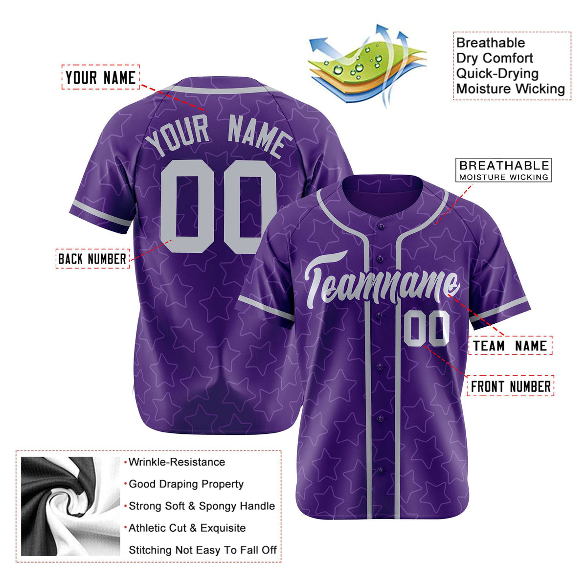 Custom Star Purple White Baseball Jersey Button Down Shirt Personalized for Adults/Youth