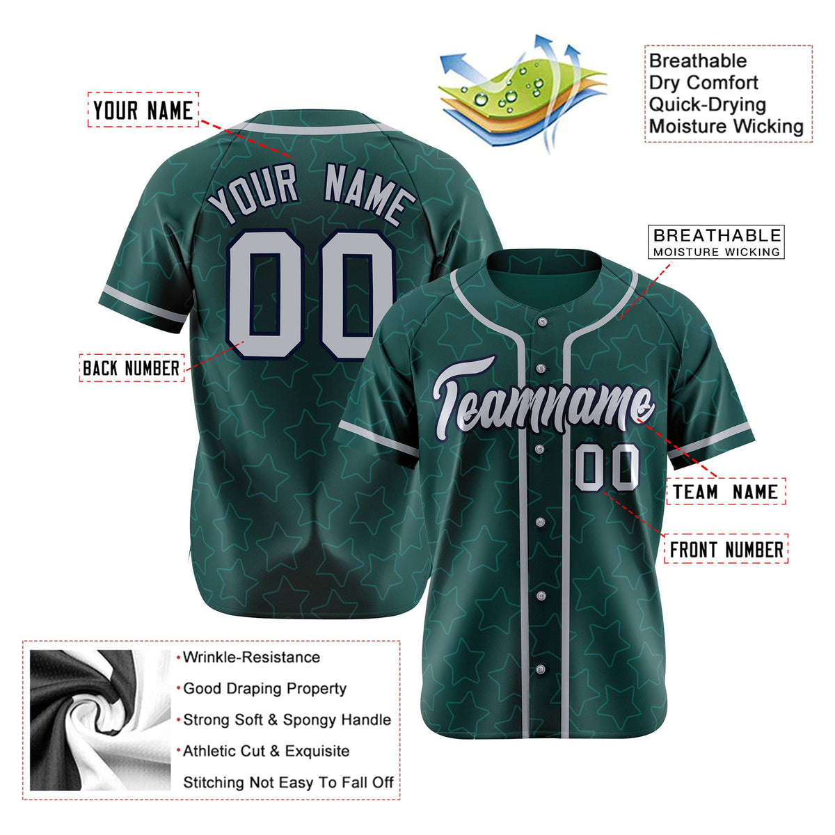 Custom Star Teal White Baseball Jersey Button Down Shirt Personalized for Adults/Youth