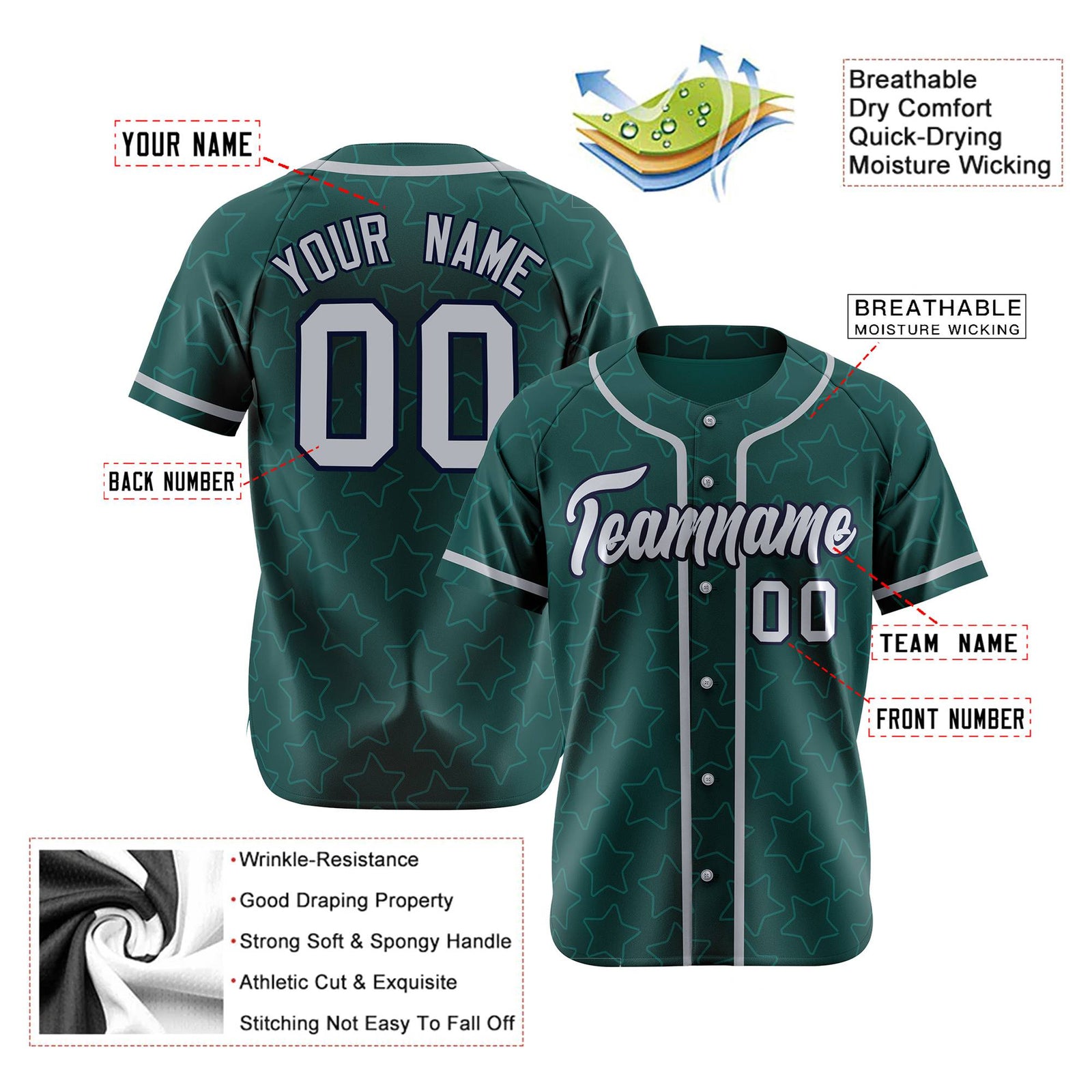 Custom Star Teal White Baseball Jersey Button Down Shirt Personalized for Adults/Youth