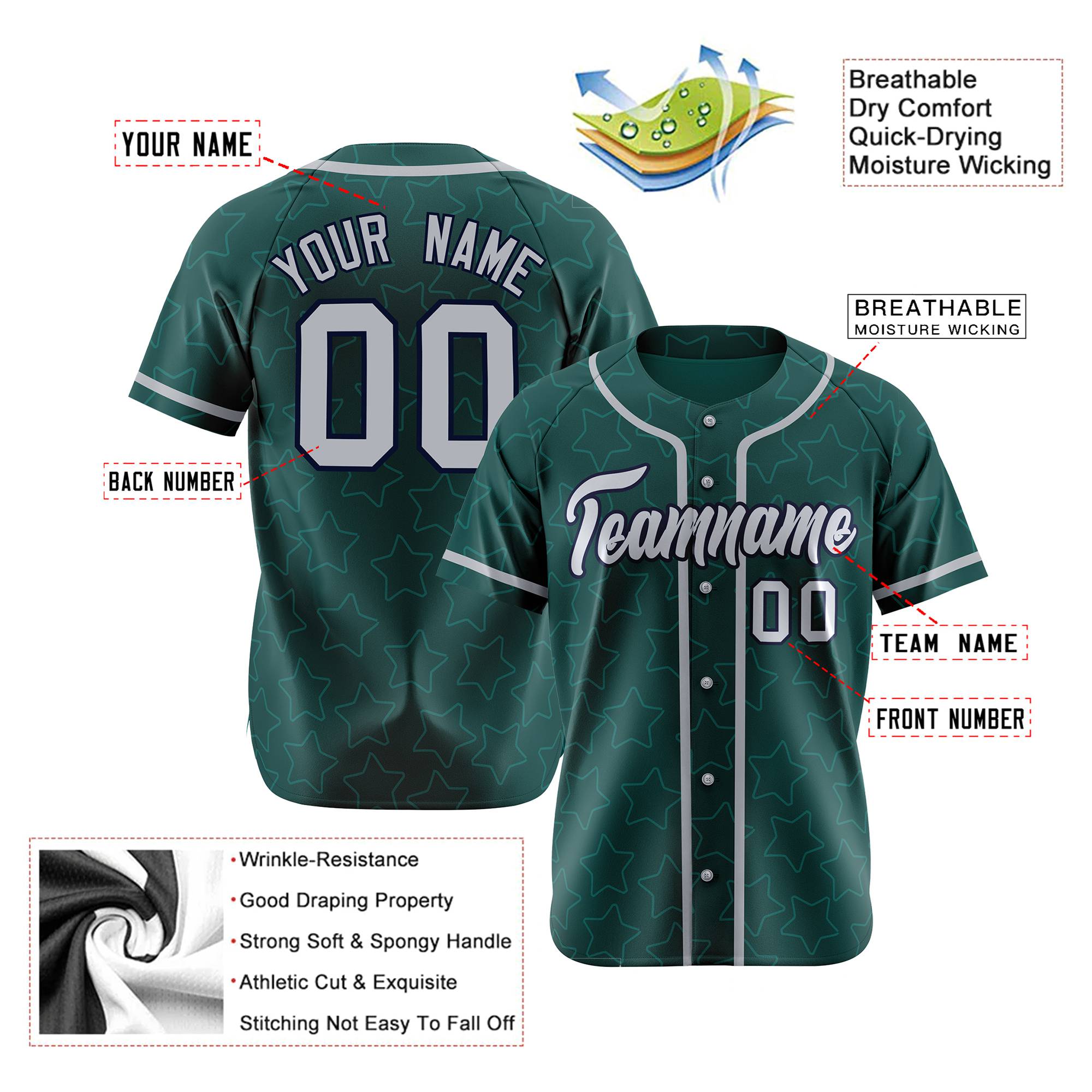 Custom Star Teal White Baseball Jersey Button Down Shirt Personalized for Adults/Youth