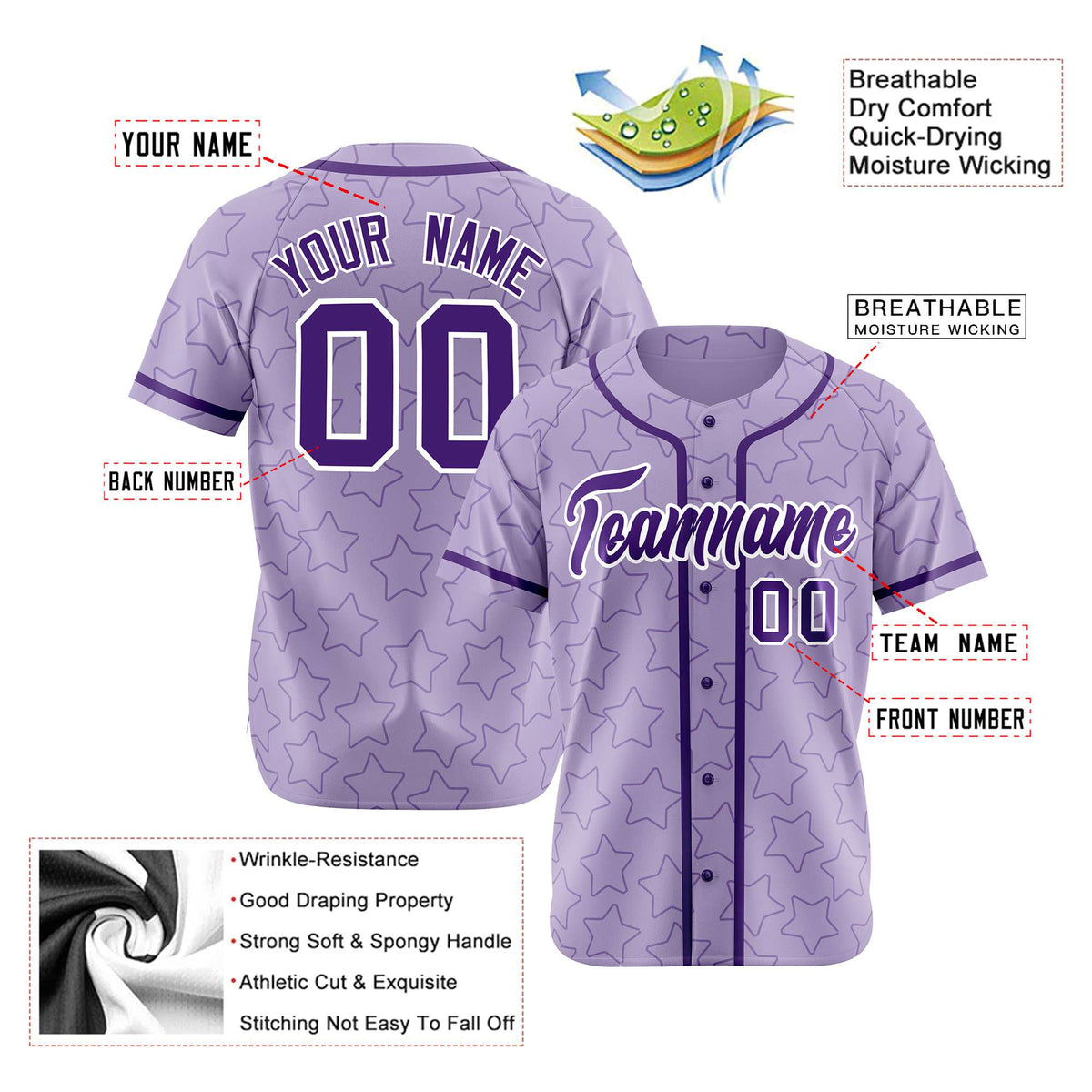 Custom Star Lavender Purple Baseball Jersey Button Down Shirt Personalized for Adults/Youth