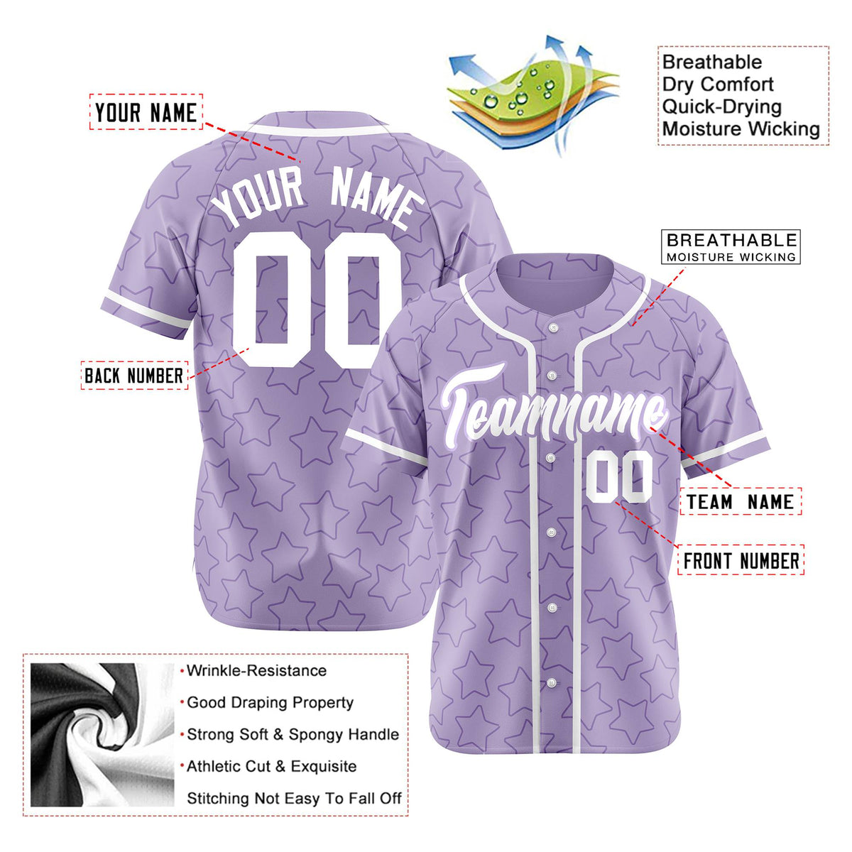 Custom Star Lavender White Baseball Jersey Button Down Shirt Personalized for Adults/Youth