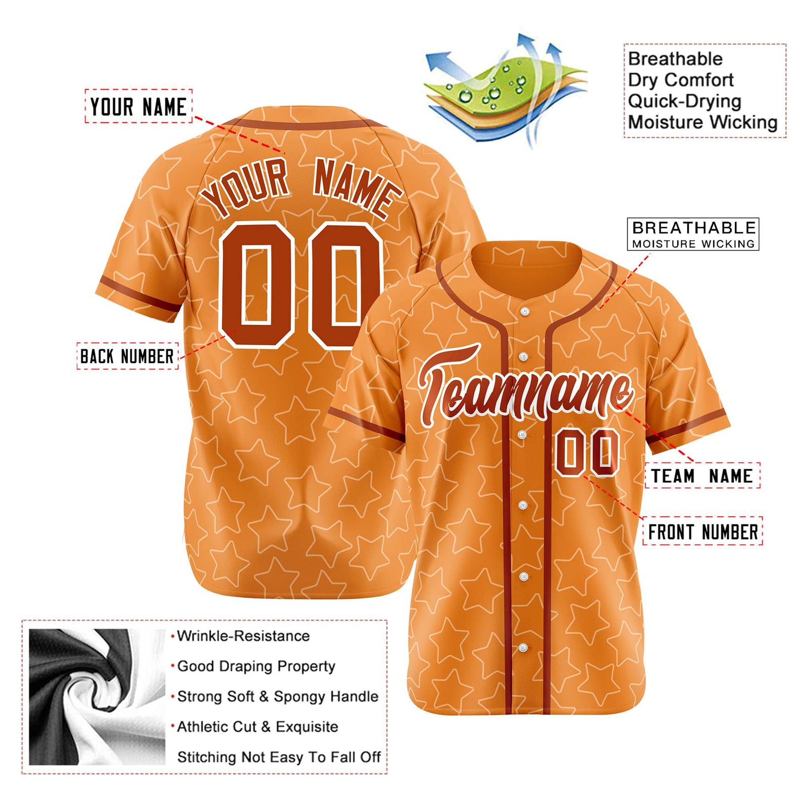 Custom Star Orange Red Baseball Jersey Button Down Shirt Personalized for Adults/Youth