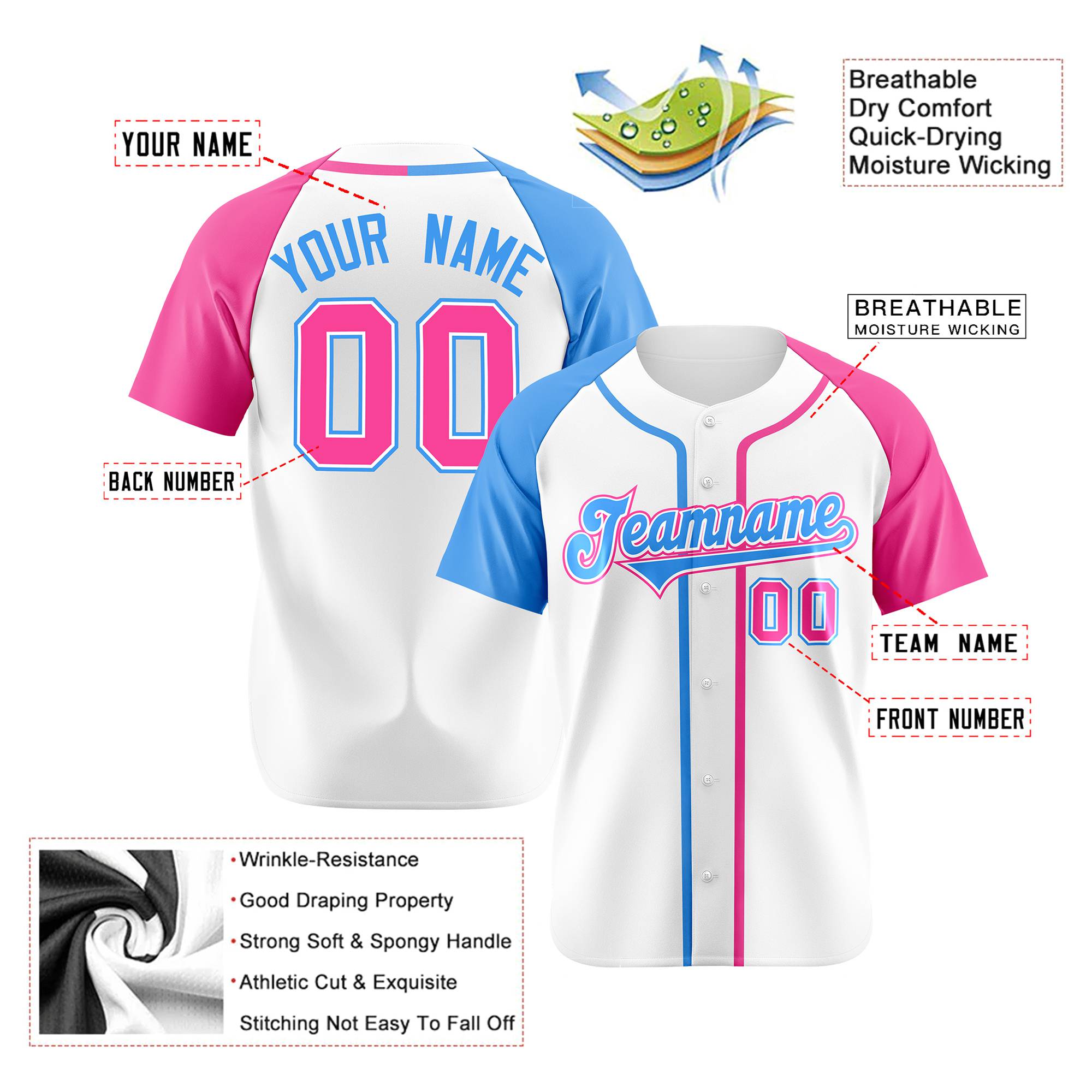 Custom White Sky Blue Pink Authentic Baseball Jersey