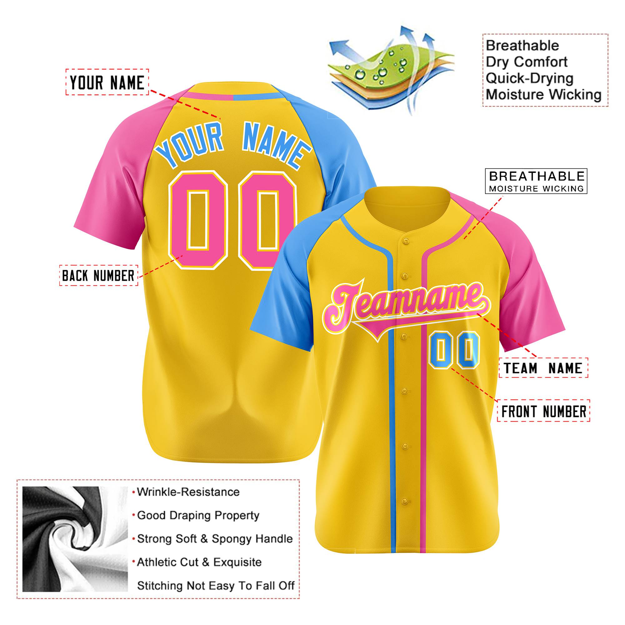 Custom Gold Light Blue Pink Authentic Baseball Jersey