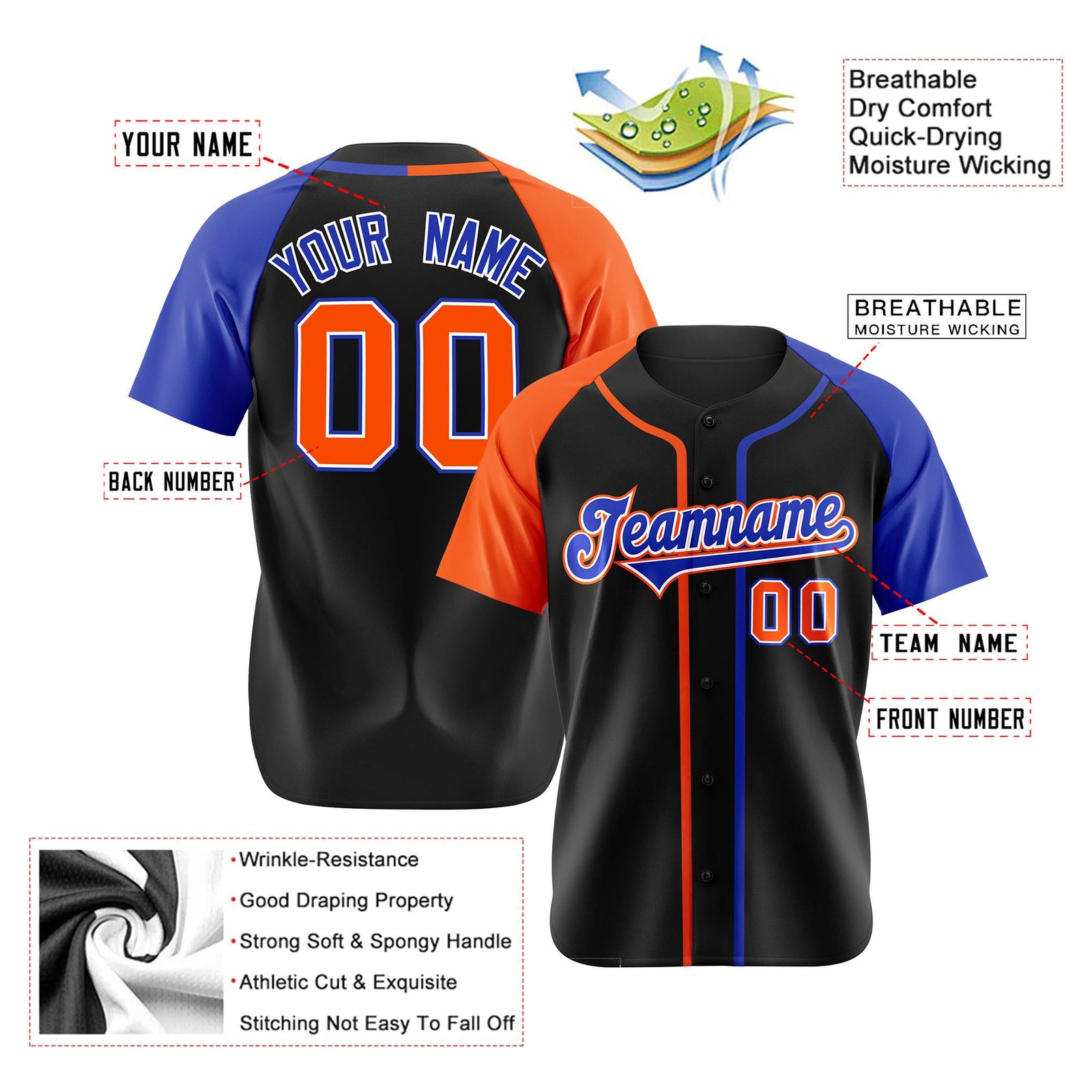 Custom Black Orange Blue Authentic Baseball Jersey