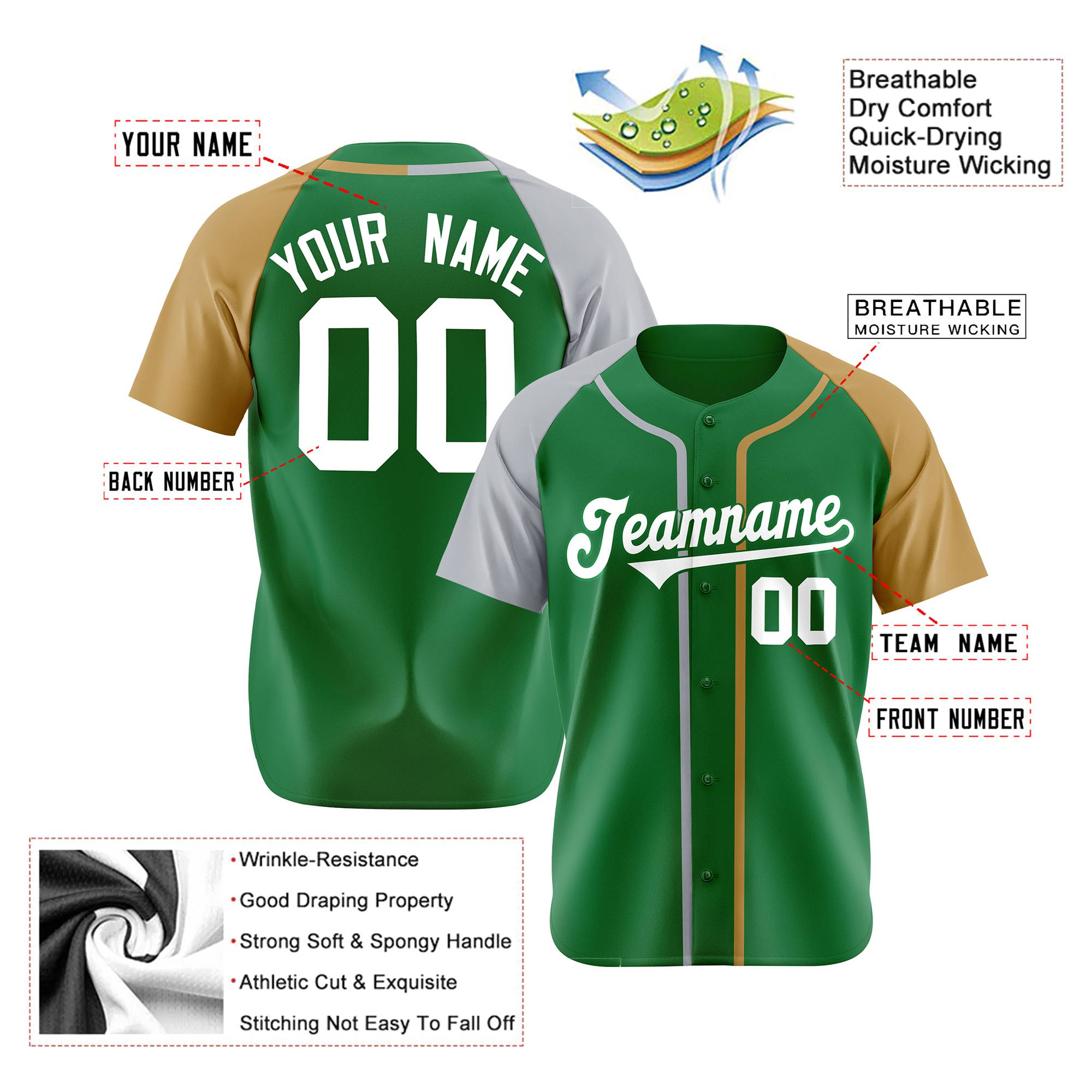 Custom Kelly Green Gray Gold Authentic Baseball Jersey