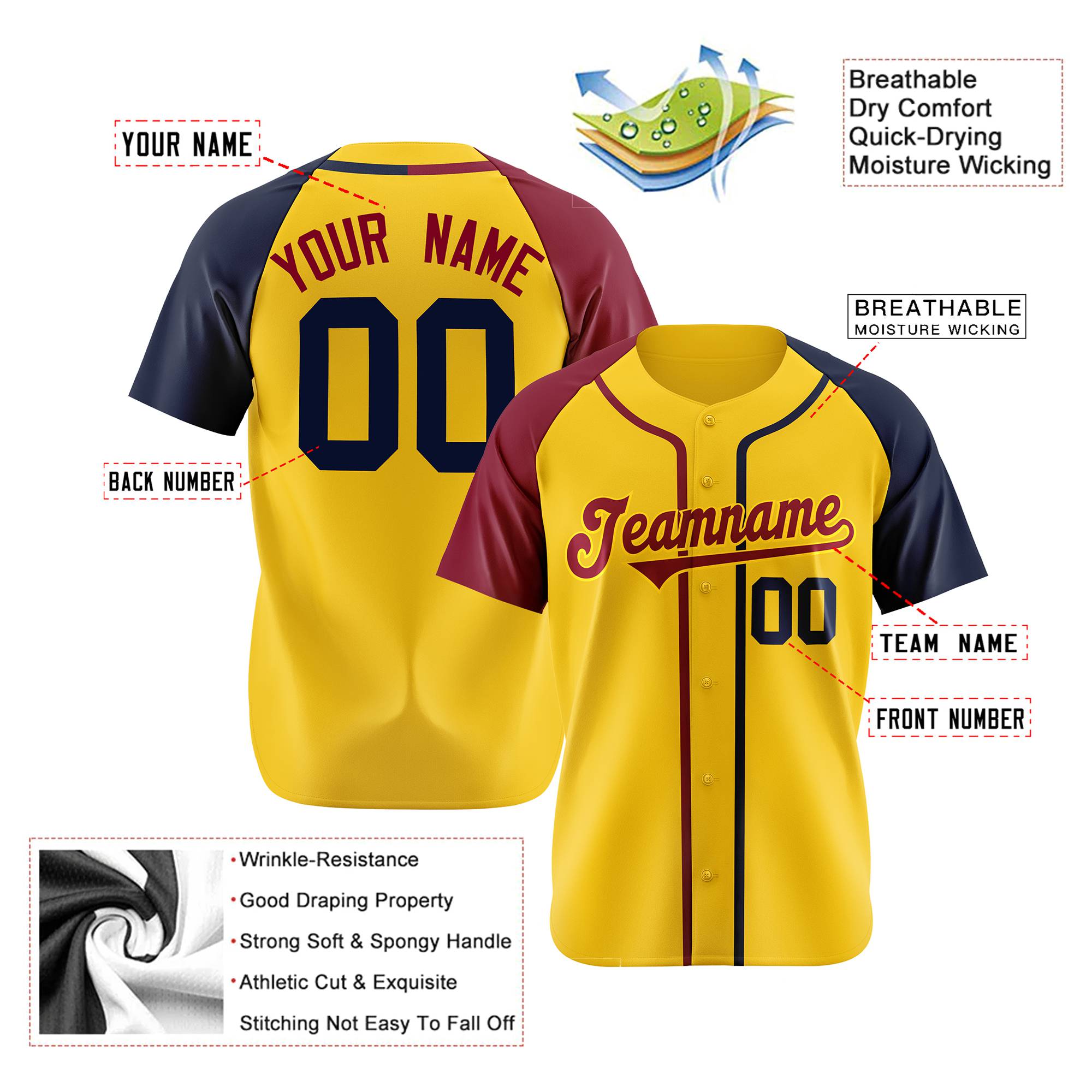 Custom Yellow Burgundy Navy Authentic Baseball Jersey