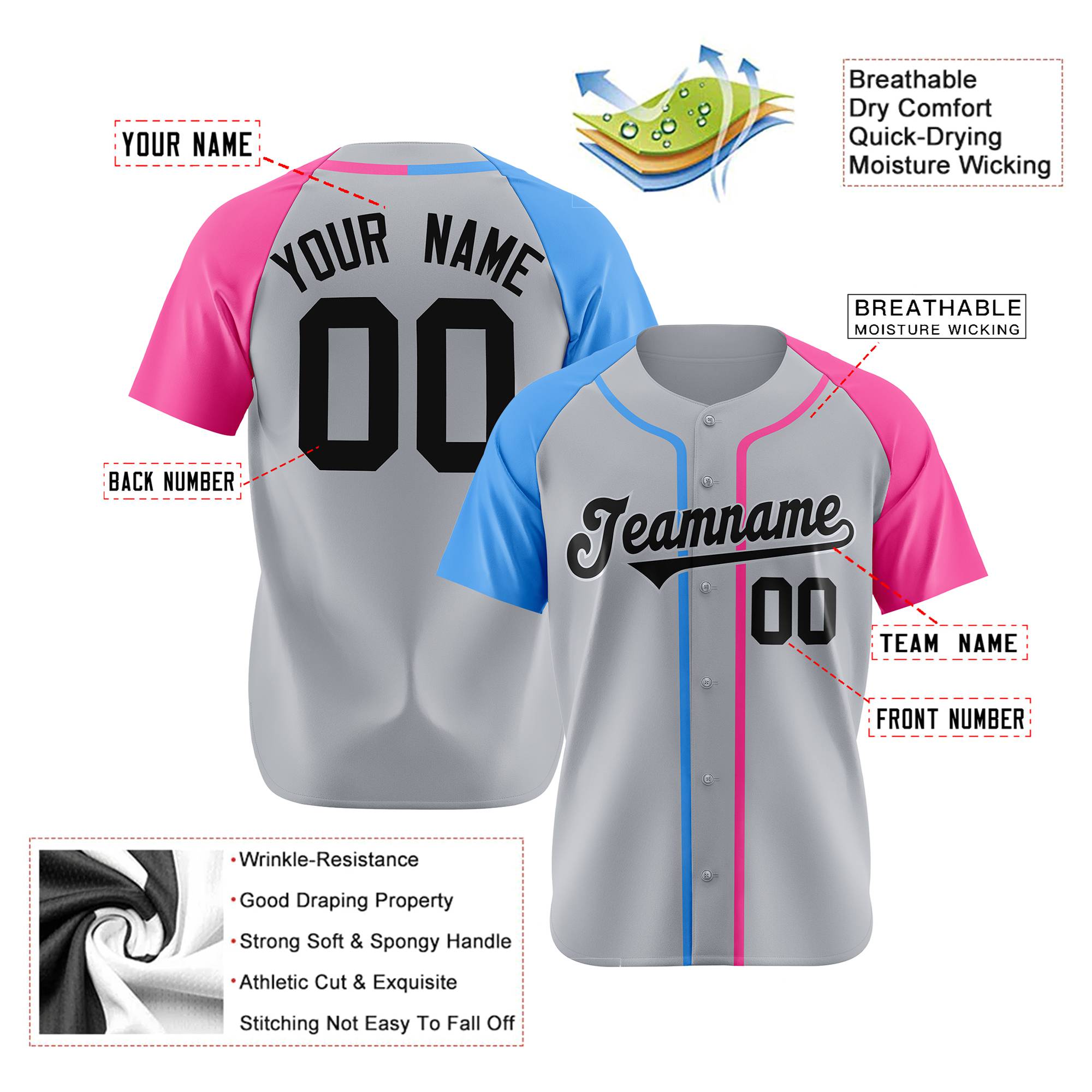 Custom Gray Light Blue Pink Authentic Baseball Jersey