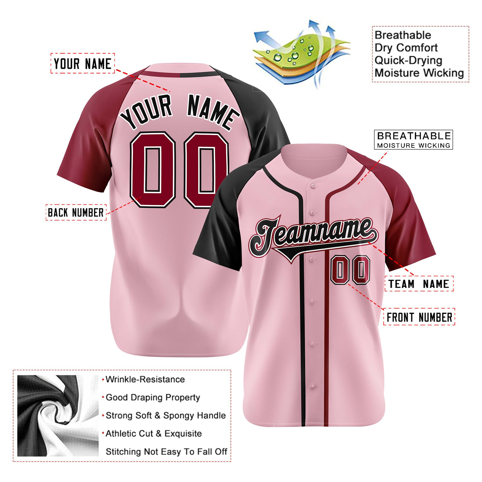 Custom Pink Black Burgundy Authentic Baseball Jersey