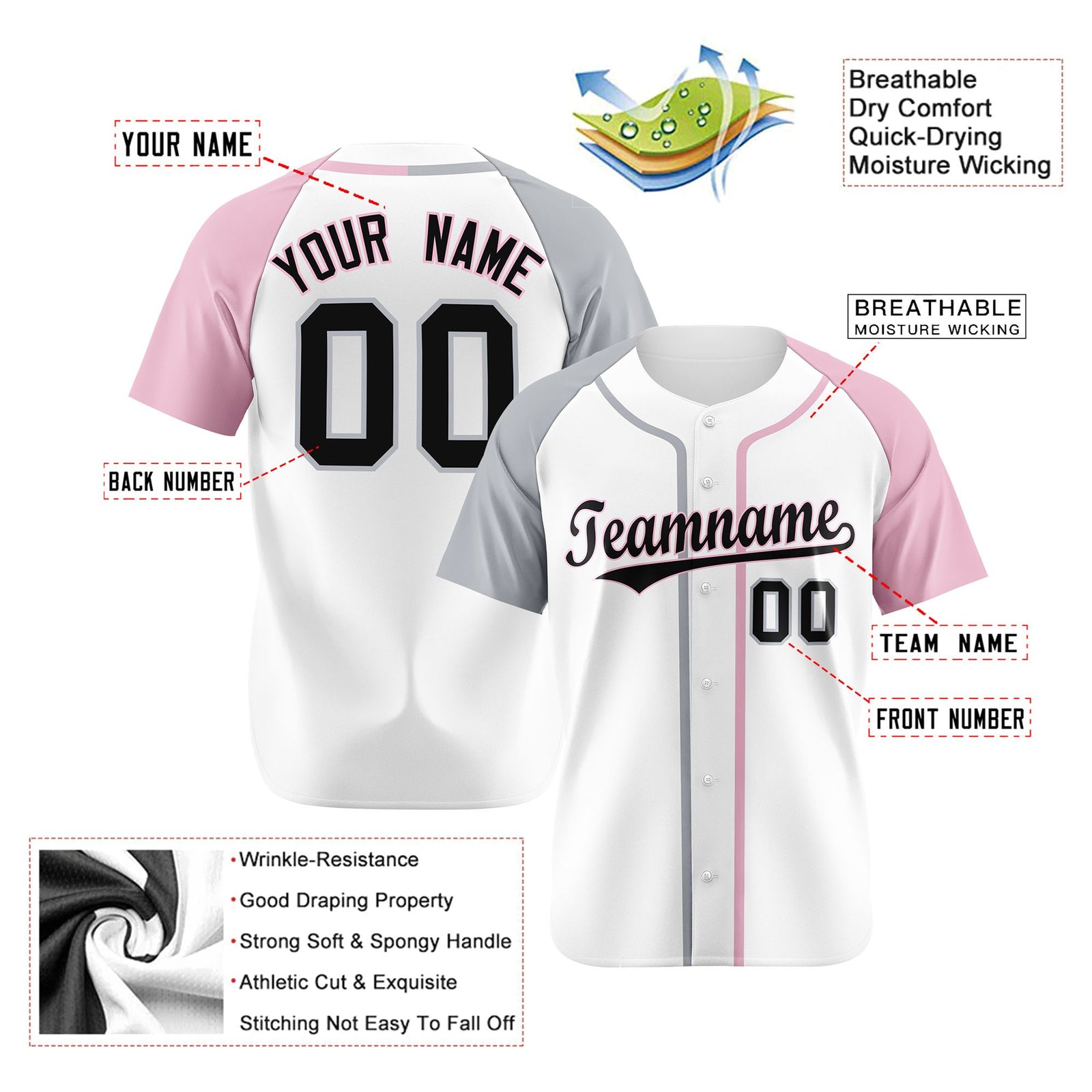 Custom White Gray Pink Authentic Baseball Jersey