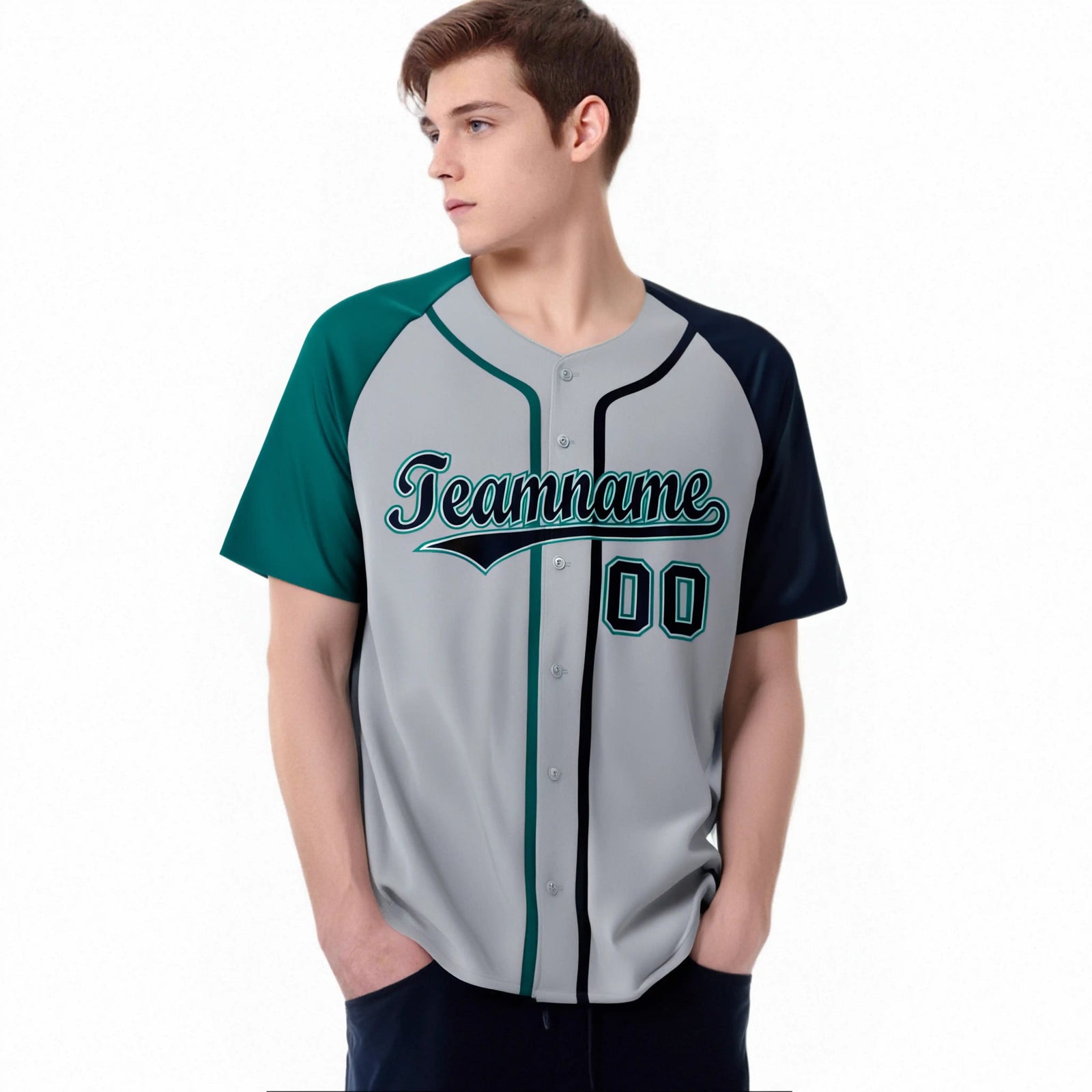 Custom Gray Aqua Green Navy Authentic Baseball Jersey