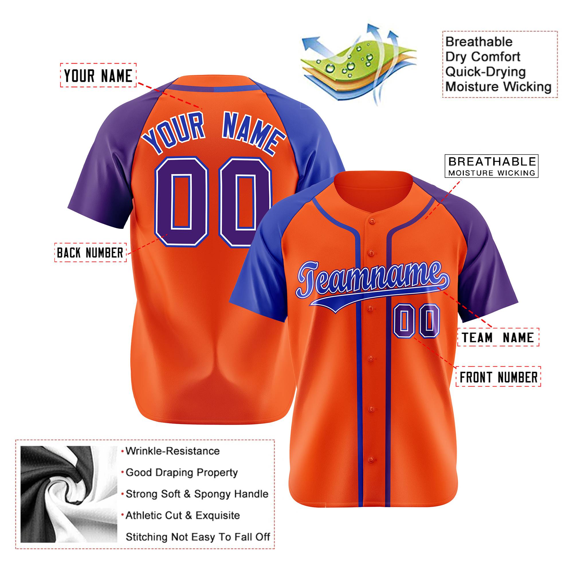 Custom Orange Blue Purple Authentic Baseball Jersey