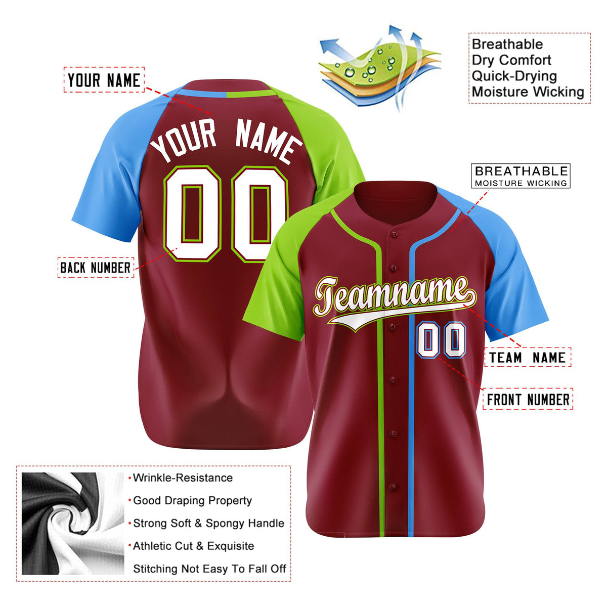 Custom Burgundy Neon Green Sky Blue Authentic Baseball Jersey