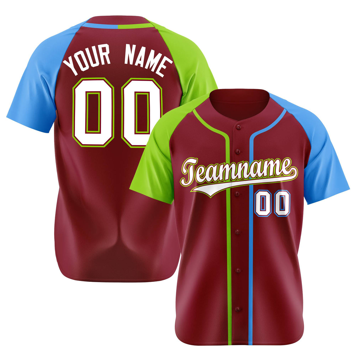 Custom Burgundy Neon Green Sky Blue Authentic Baseball Jersey