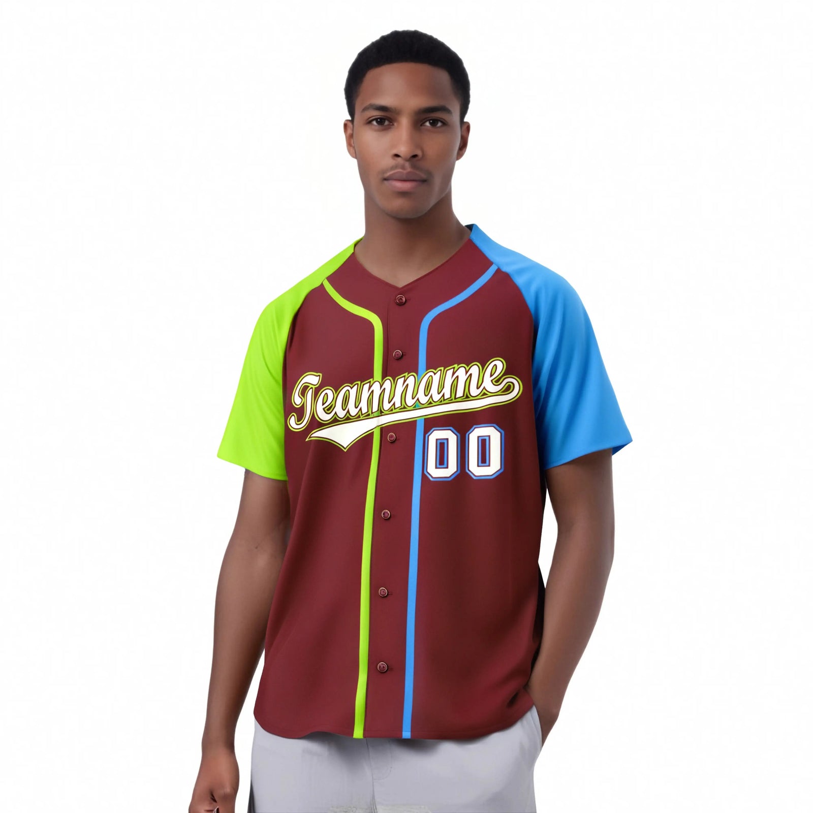 Custom Burgundy Neon Green Sky Blue Authentic Baseball Jersey