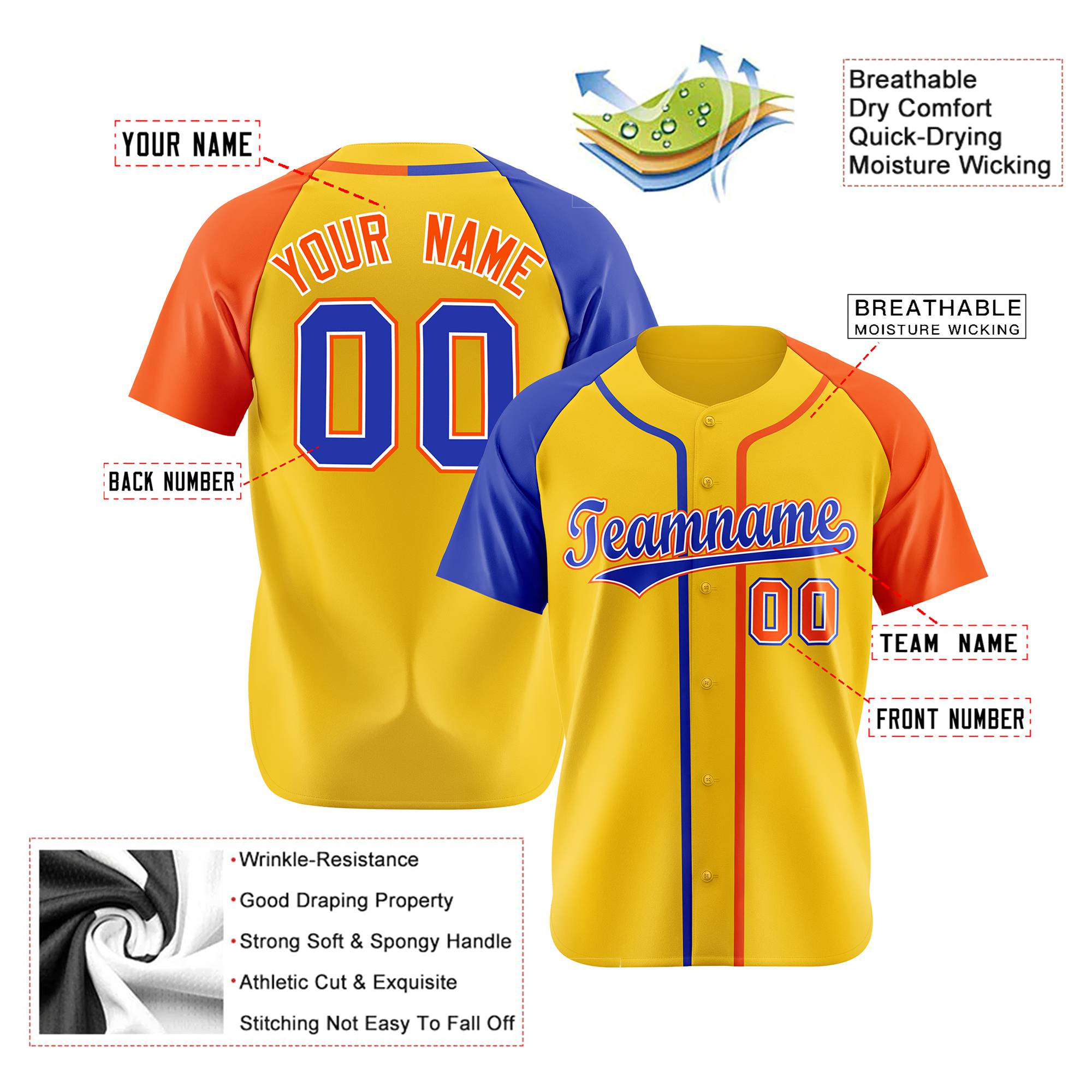 Custom Gold Blue Orange Authentic Baseball Jersey